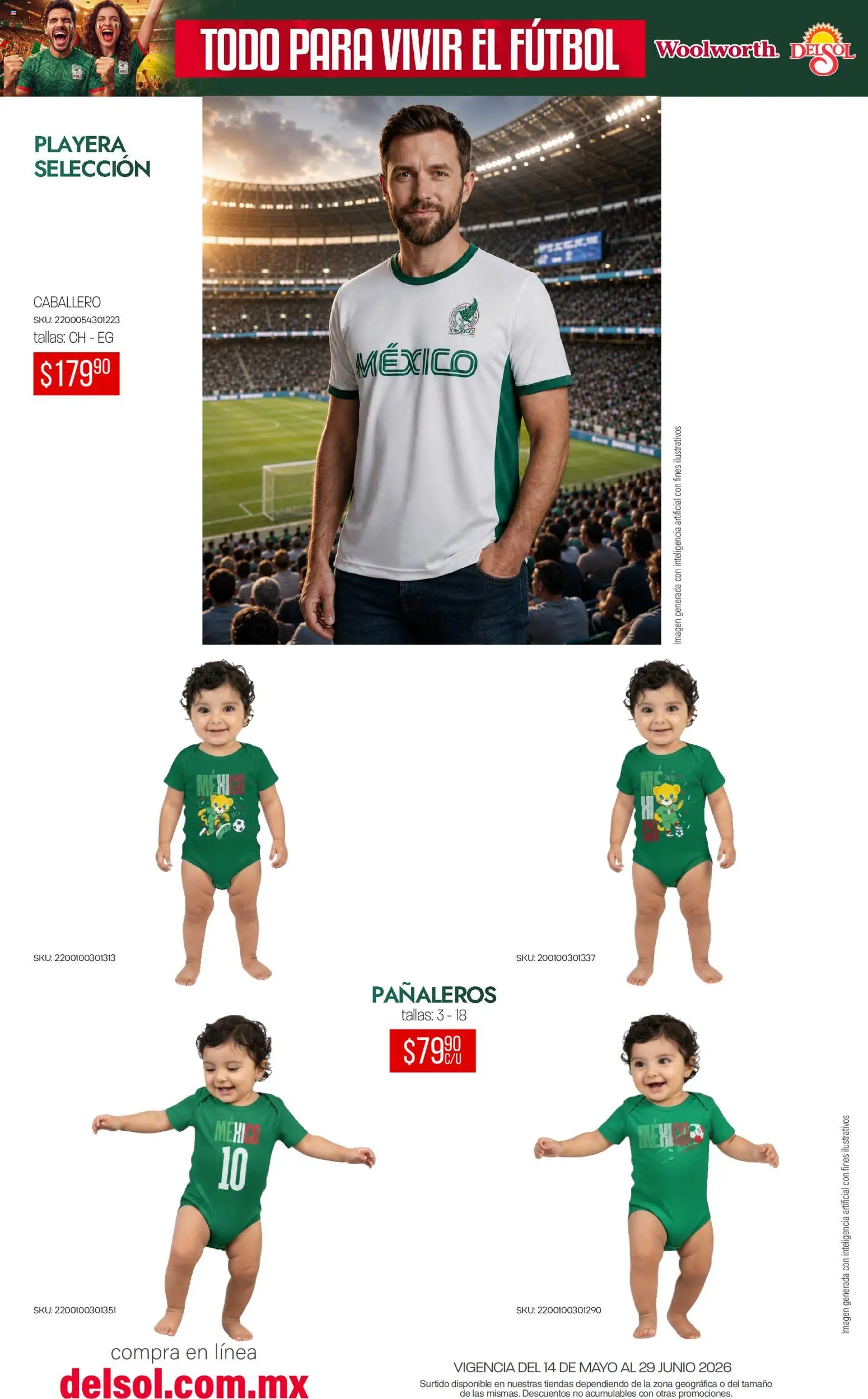 Nuevas ofertas de Del Sol y Woolworth válidas en toda la República Mexicana desde el 14.05.2026. ¡Encuentra las mejores ofertas en Del Sol y Woolworth catálogo Todo para vivir el fútbol ! | Página: 30 | Productos: Playera