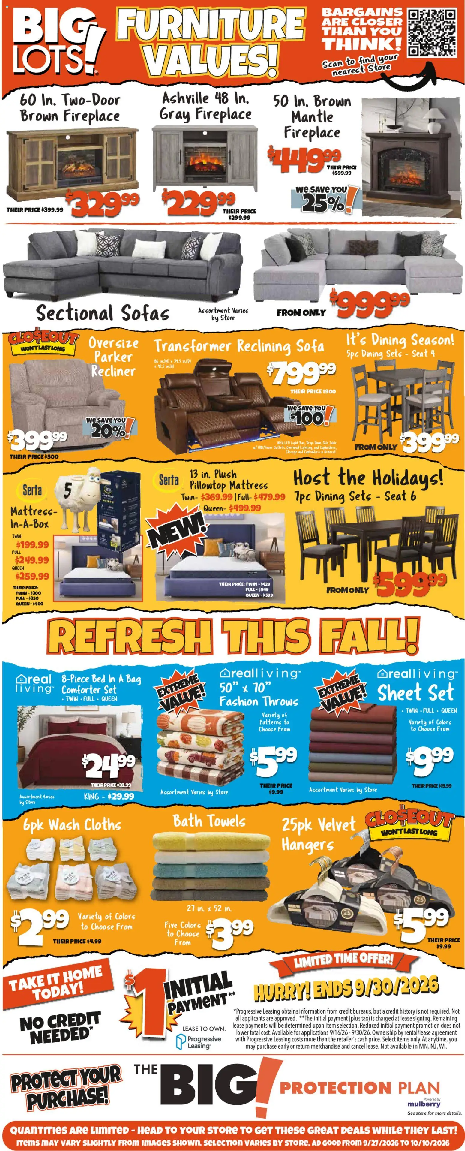 Big Lots Weekly Ad - valid from 09/27/2026 | Page: 1 | Products: Recliner, Sectional, Comforter, Sheet