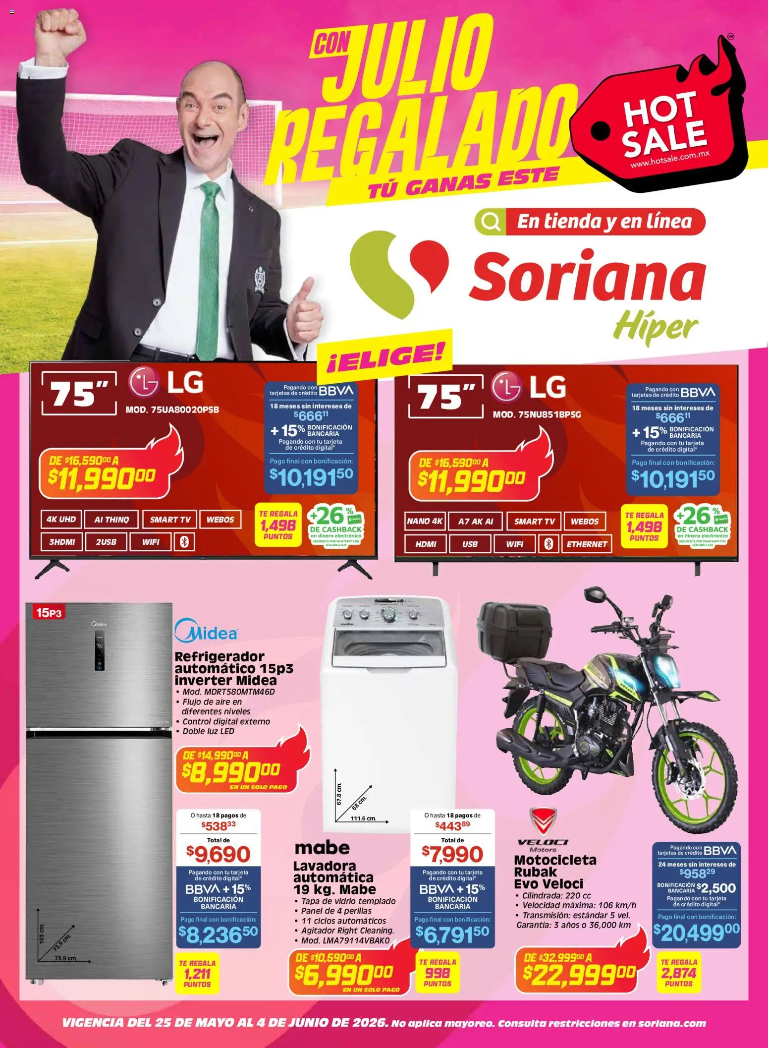 Nuevas ofertas de Soriana válidas en toda la República Mexicana desde el 25.05.2026. ¡Encuentra las mejores ofertas en Soriana Hot Sale Híper Nacional! | Página: 1 | Productos: Refrigerador, Lavadora, Té