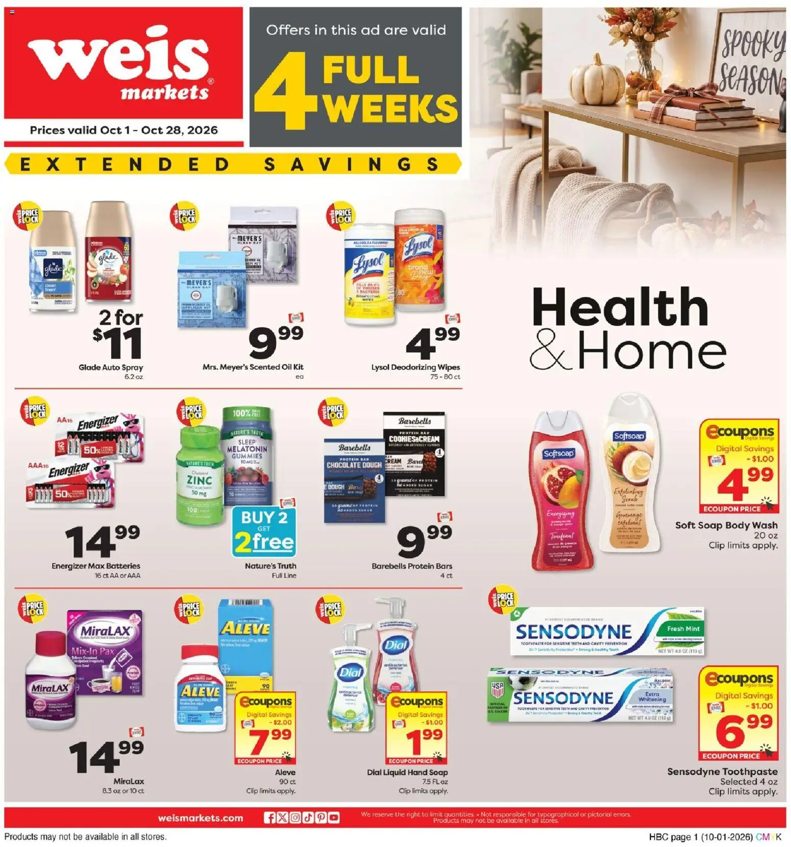 Weis Health & Home - valid from 10/01/2026 | Page: 1 | Products: Oil, Protein, Body Wash, Dough