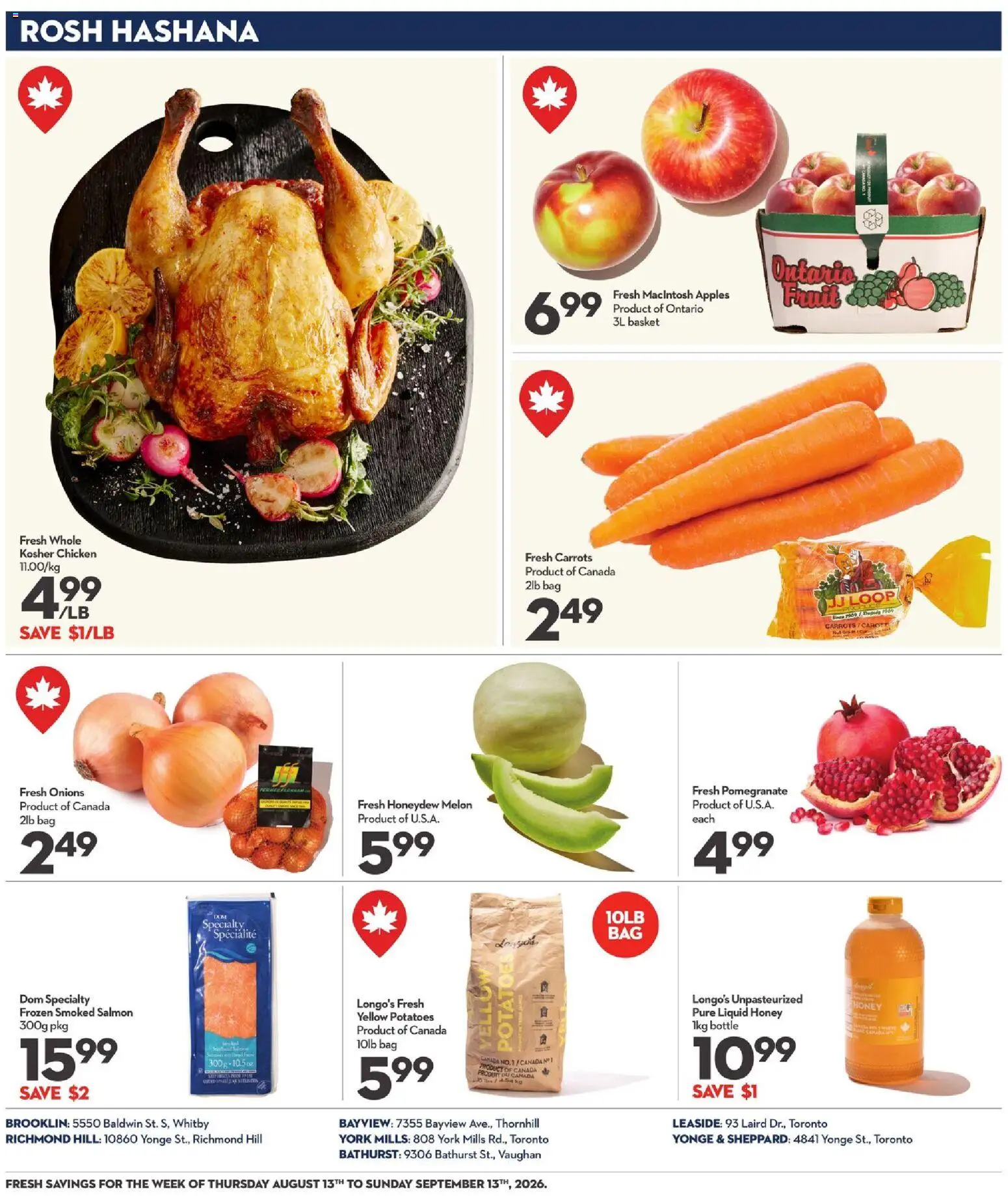 Longo's flyer valid from Aug 13, 2026 | Page: 20 | Products: Salmon, Pomegranate, Carrots, Basket
