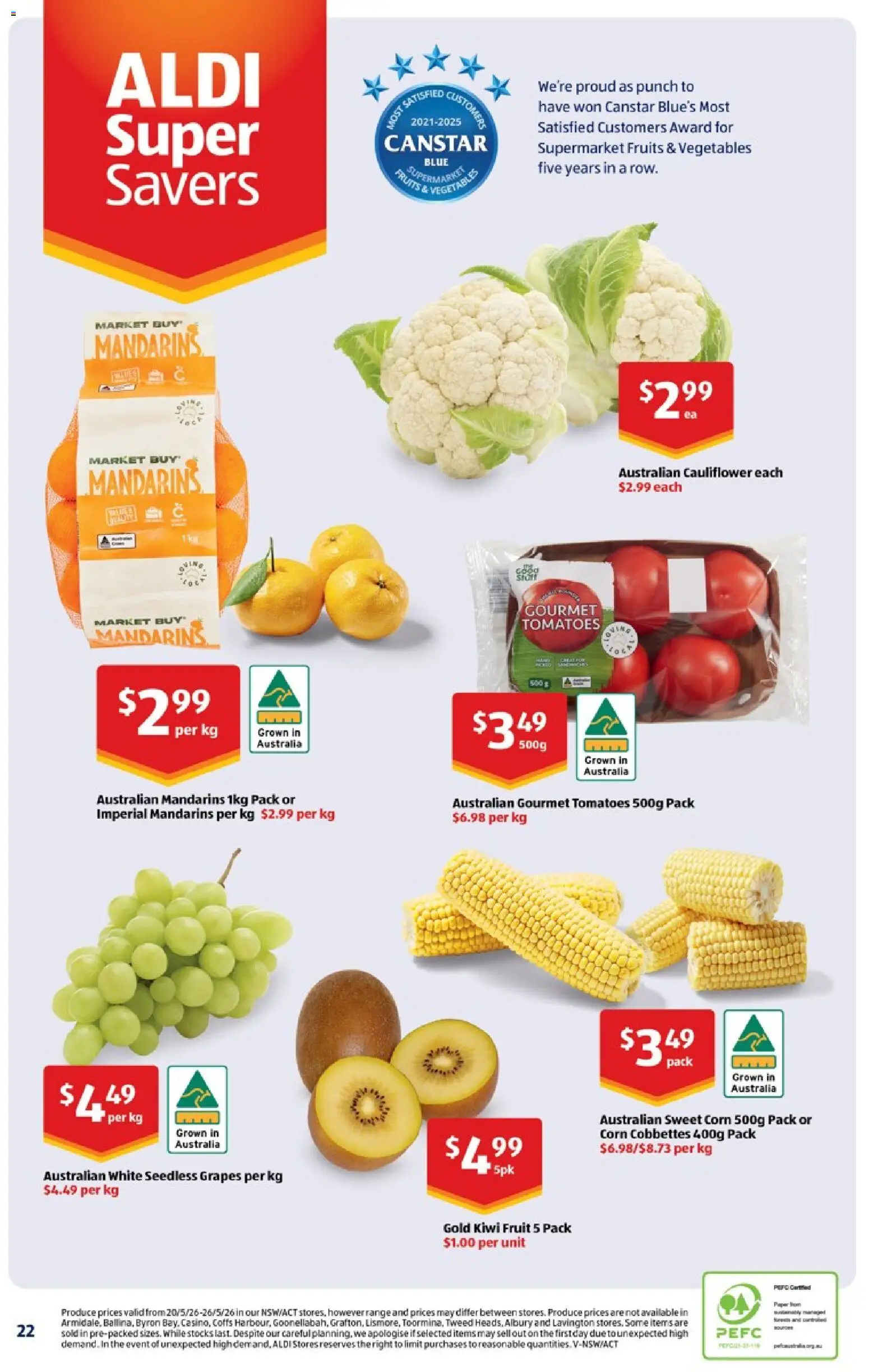 Aldi catalogue - valid from 20.05.2026 | Page: 22 | Products: Mandarins, Vegetables, Grapes, Cauliflower