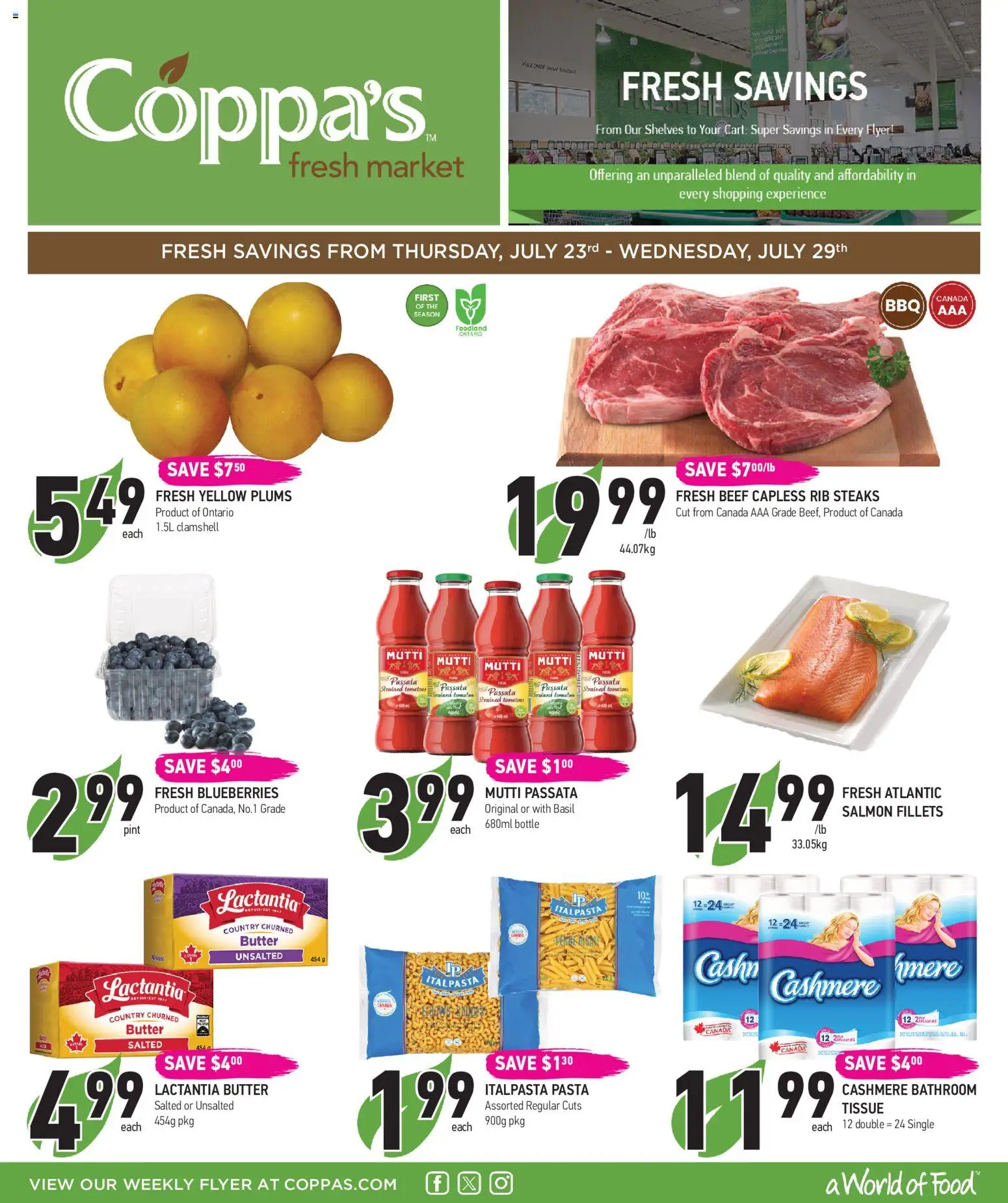 Coppas Fresh Market flyer valid from Jul 23, 2026 | Page: 1 | Products: Beef, Pasta, Butter, Tomatoes
