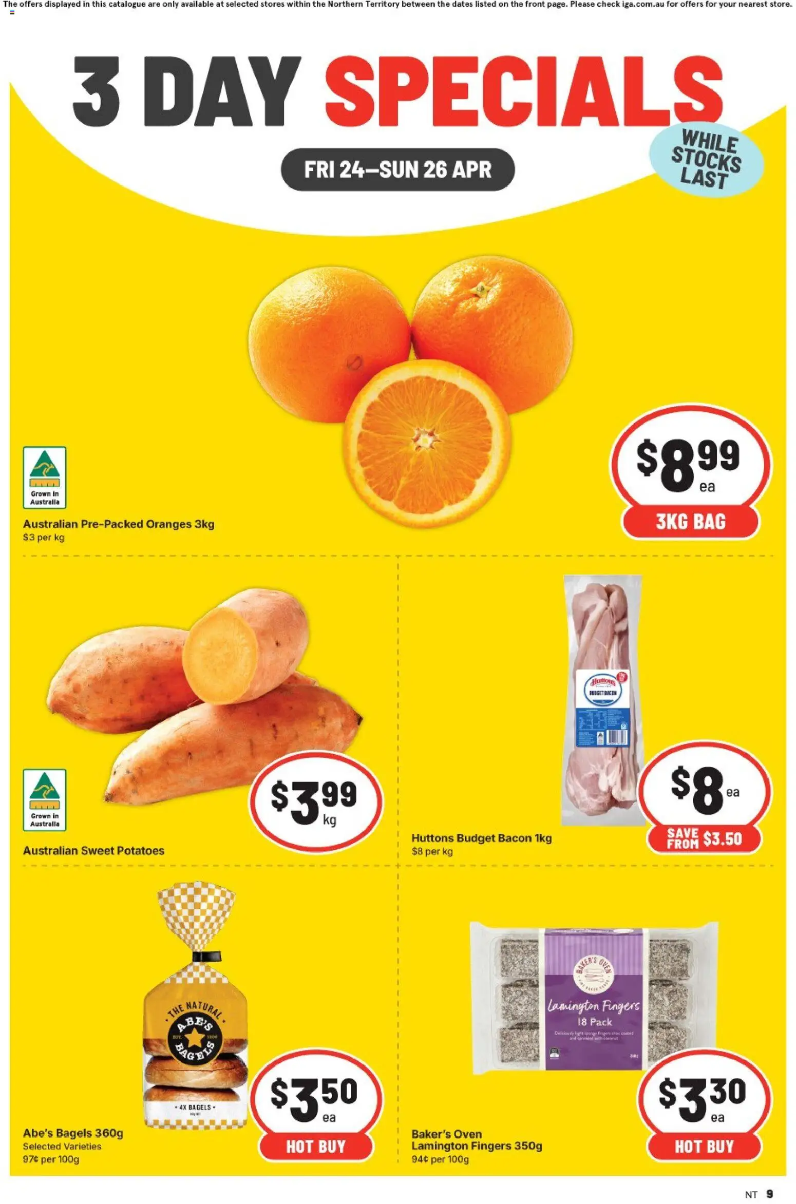 IGA catalogue - valid from 24.04.2026 | Page: 1 | Products: Bagels, Bacon, Potatoes, Bag