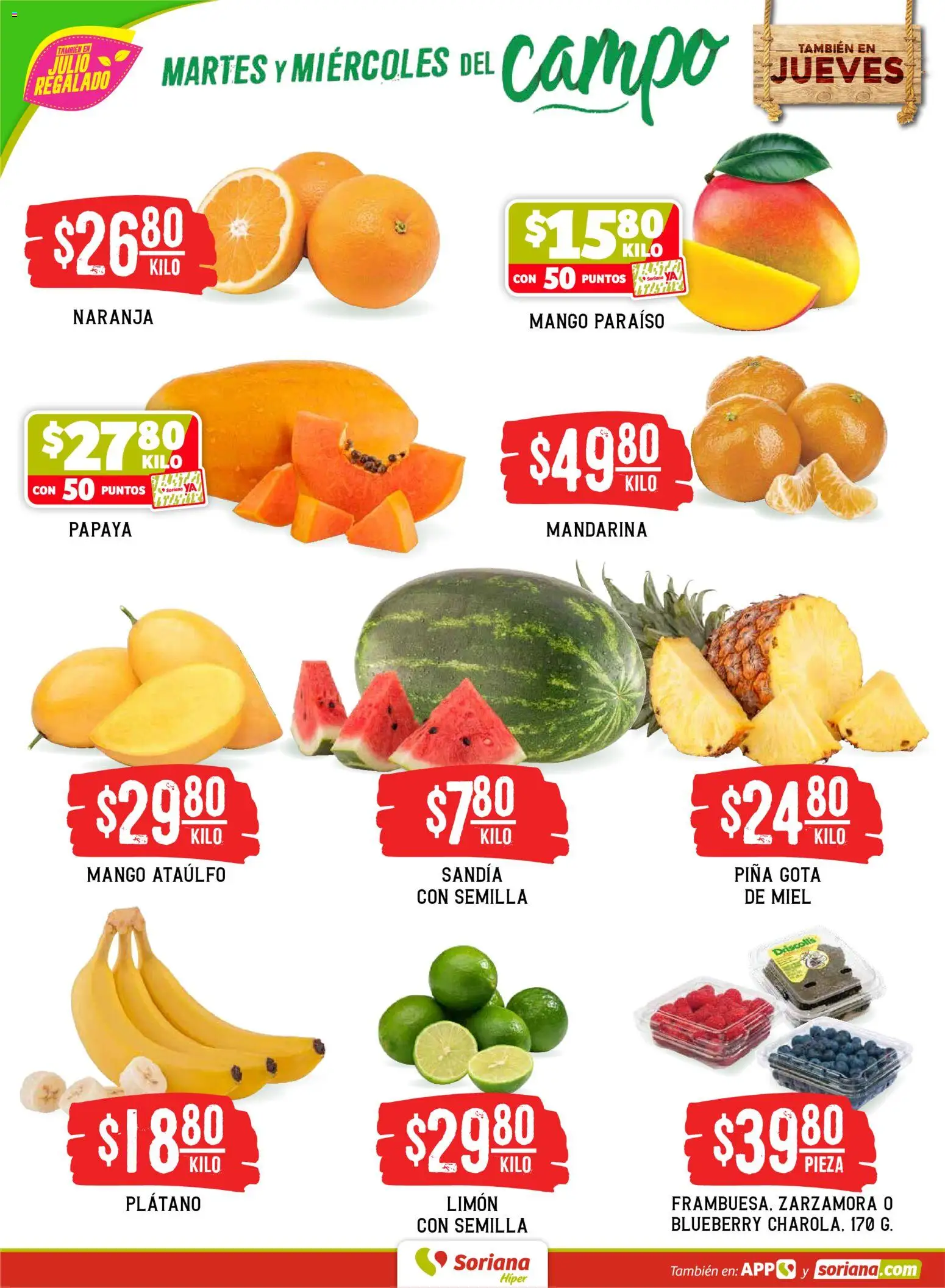 Nuevas ofertas de Soriana válidas en toda la República Mexicana desde el 16.06.2026. ¡Encuentra las mejores ofertas en Soriana Martes y Miércoles del Campo Híper: Saltillo y Torreón! | Página: 2 | Productos: Plátano, Sandía, Limón, Mango