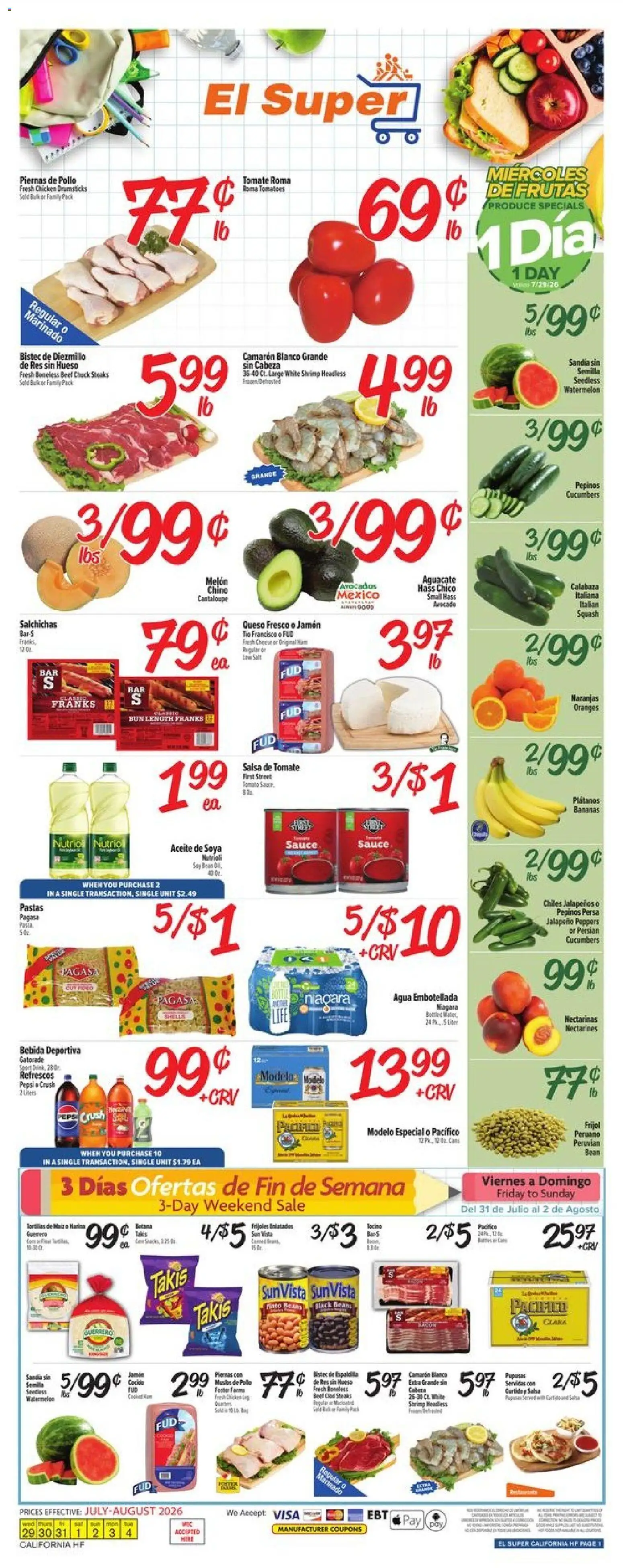 El Super Weekly Ad - valid from 07/29/2026 | Page: 1 | Products: Squash, Bananas, Cucumbers, Watermelon