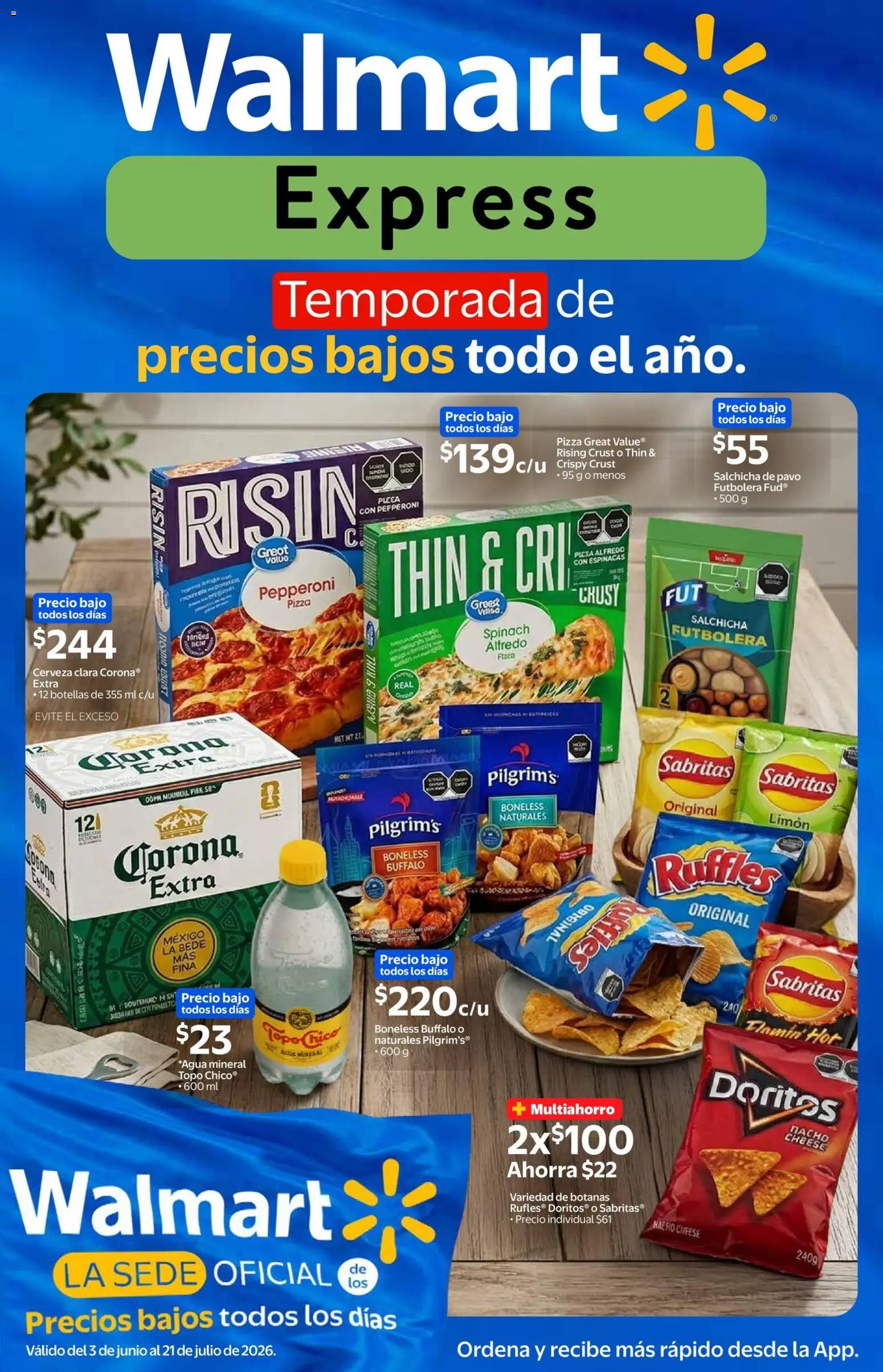 Nuevas ofertas de Walmart Express válidas en toda la República Mexicana desde el 03.06.2026. ¡Encuentra las mejores ofertas en Walmart Express folleto! | Página: 1 | Productos: Salchicha, Limón, Pizza, Cerveza
