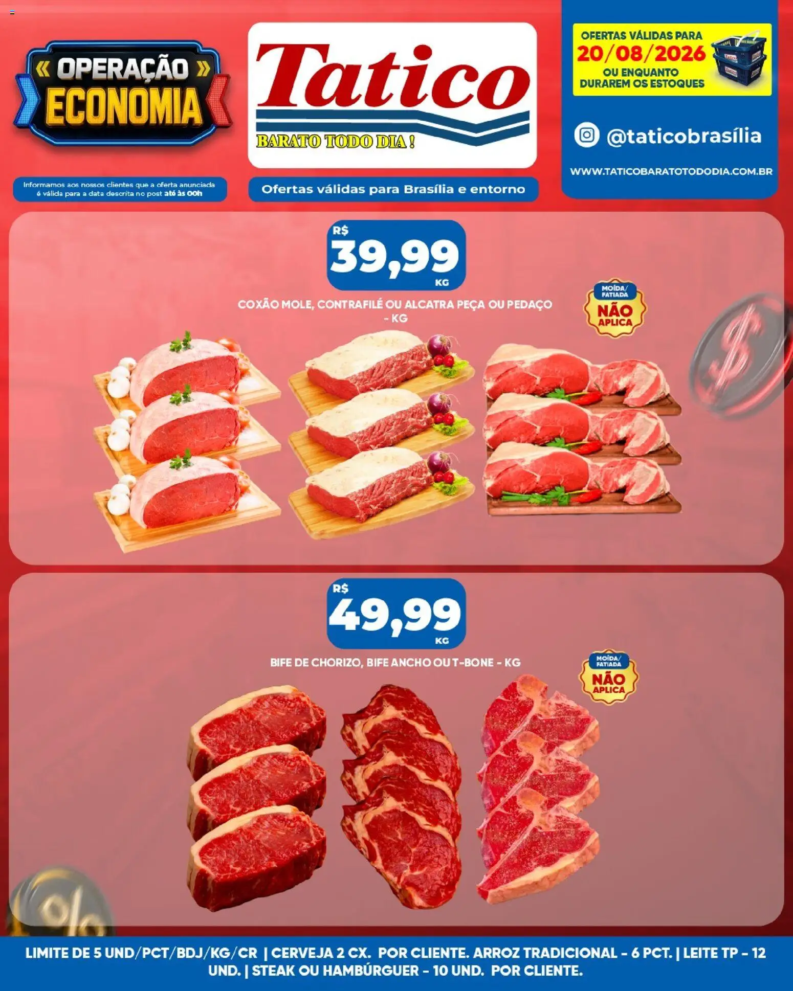 Tatico Folheto - válido de 20/08/2026 | Página: 13 | Produtos: Bife ancho, Alcatra, Leite, Hambúrguer