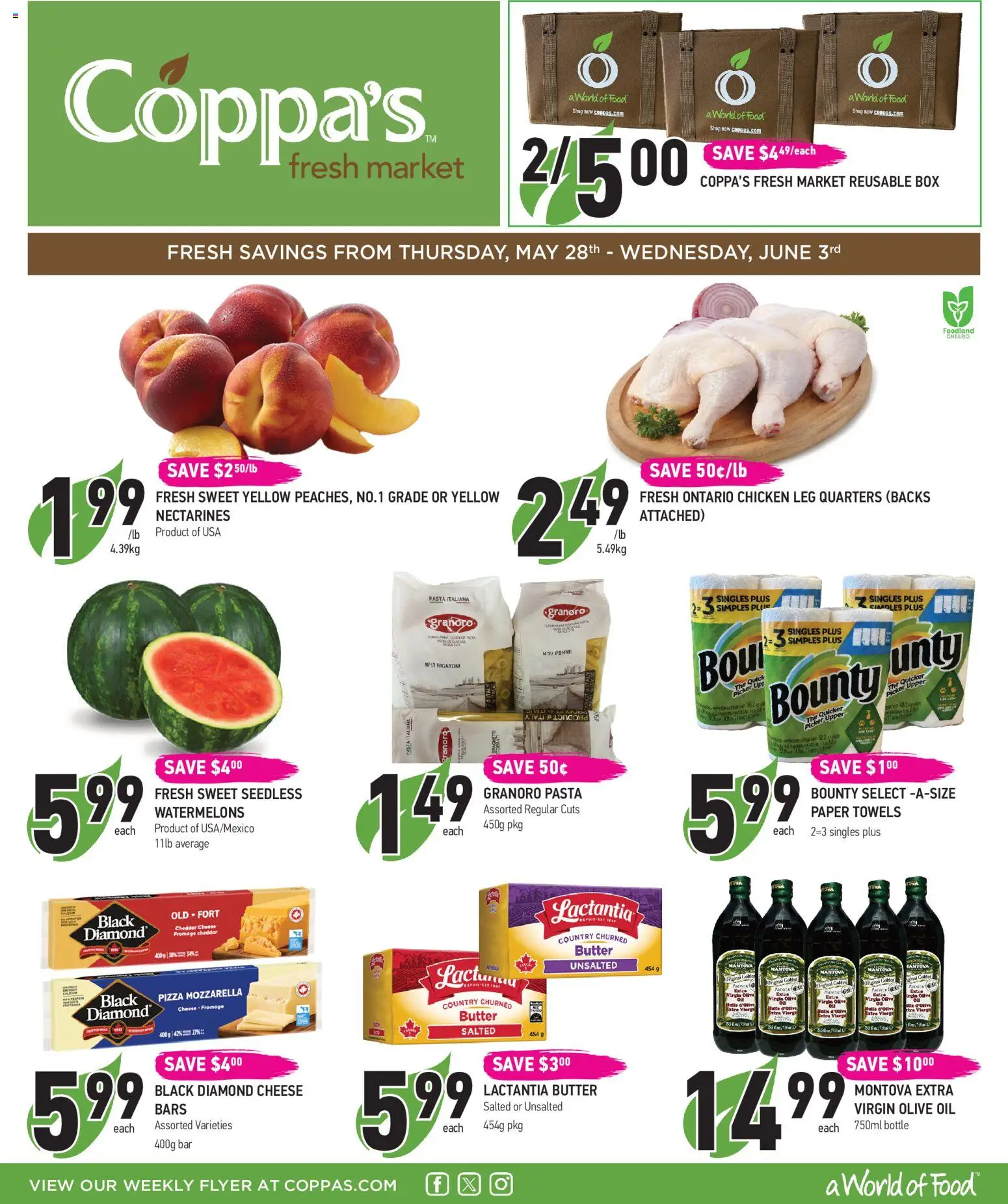 Coppas Fresh Market flyer valid from 28.05.2026 | Page: 1 | Products: Pasta, Box, Oil, Chicken