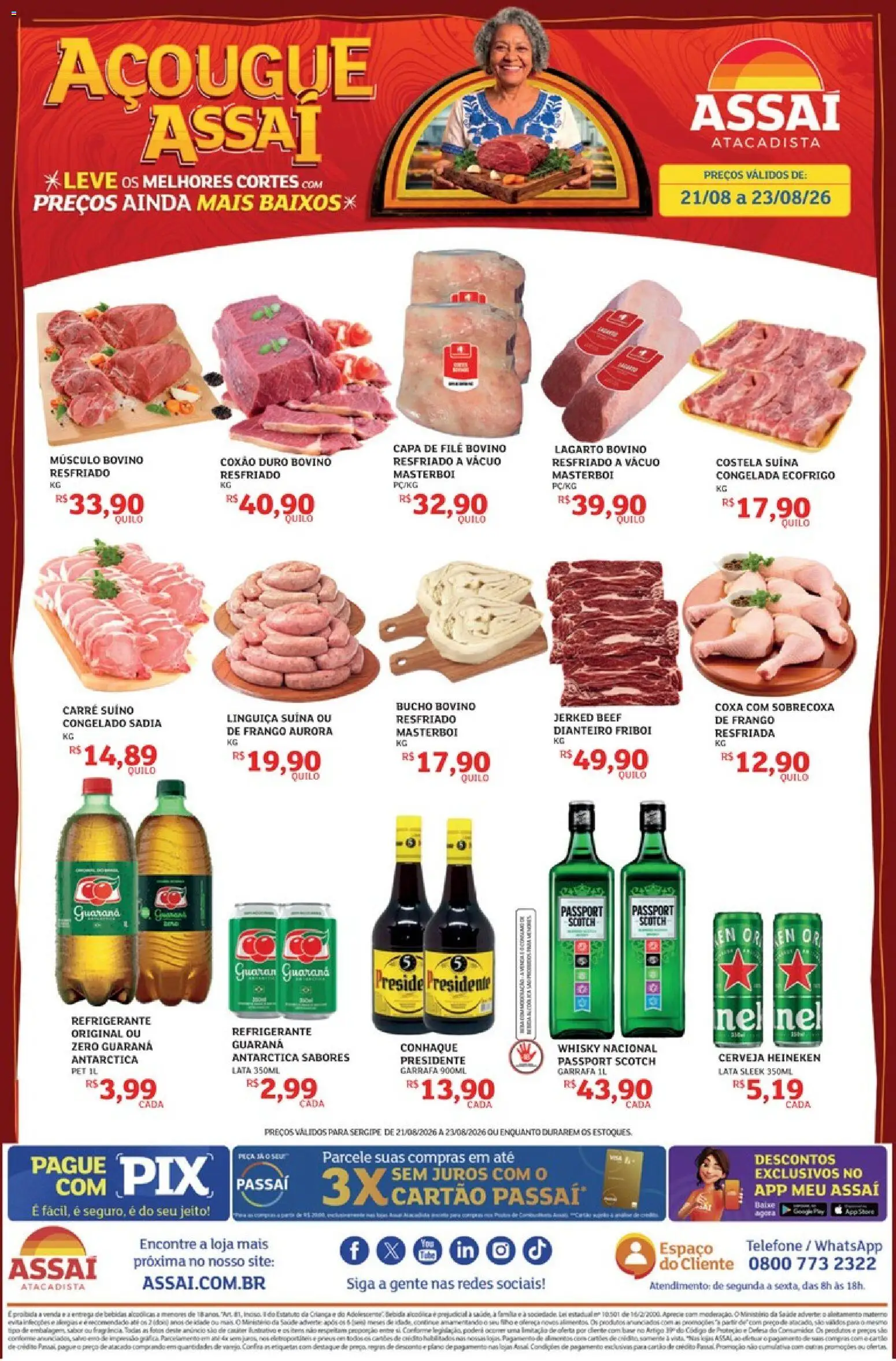 Assaí Atacadista Folheto - válido de 21/08/2026 | Página: 1 | Produtos: Músculo bovino, Coxão duro, Cerveja, Telefone