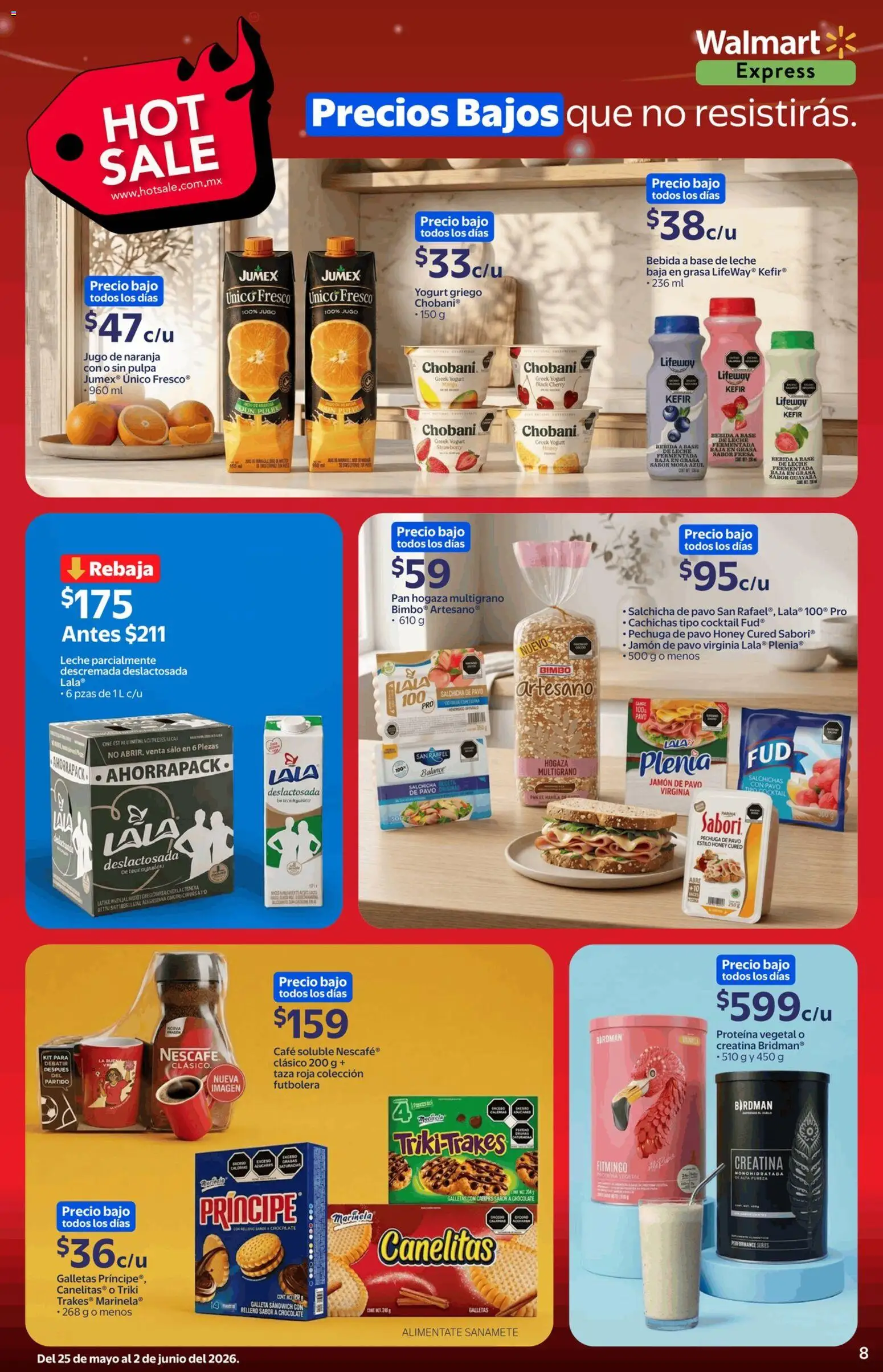 Nuevas ofertas de Walmart Express válidas en toda la República Mexicana desde el 25.05.2026. ¡Encuentra las mejores ofertas en Walmart Express Hot Sale! | Página: 8 | Productos: Leche, Pan, Jugo, Galletas