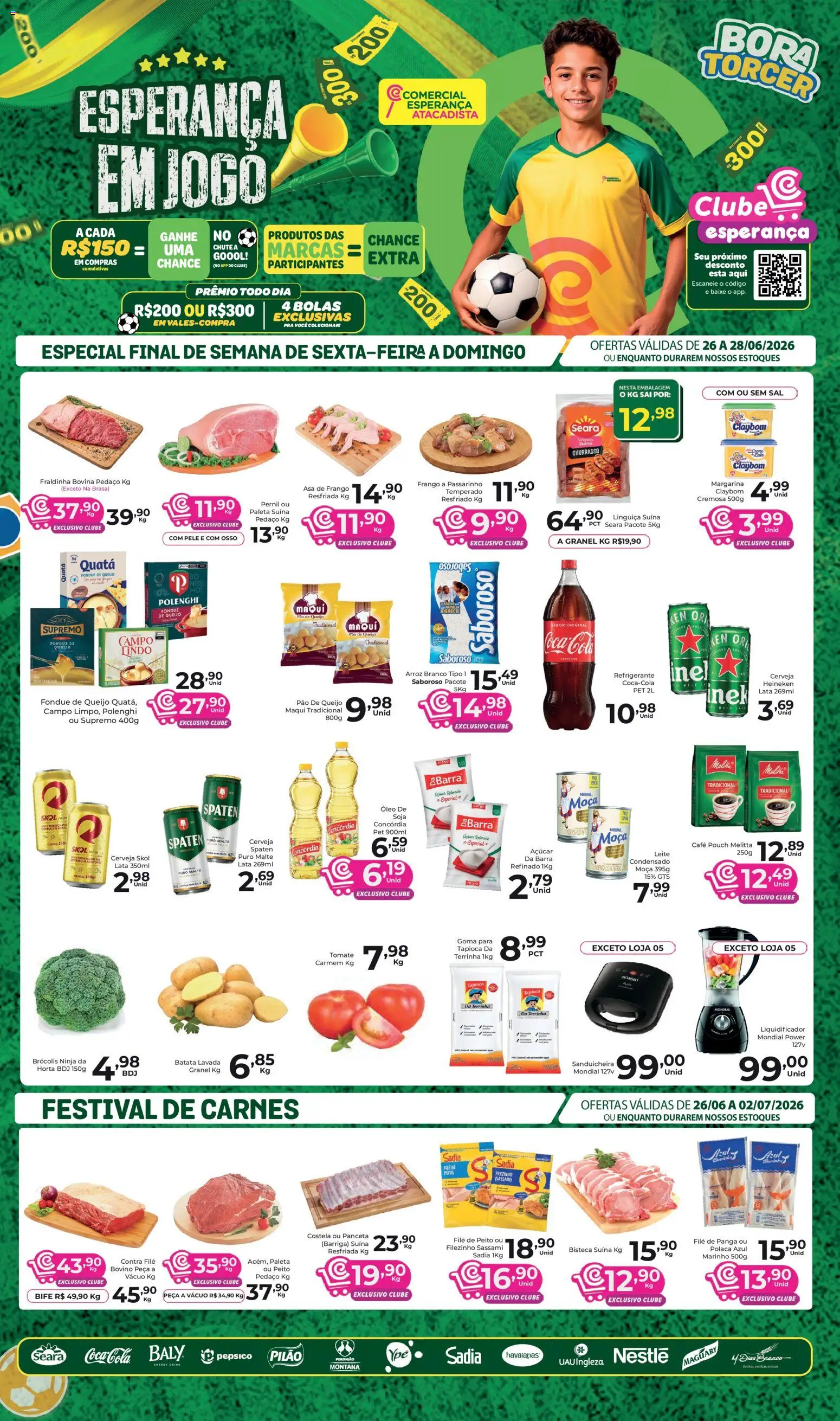 Comercial Esperança Folheto - válido de 26/06/2026 | Página: 1 | Produtos: Nescau, Hambúrguer, Frango, Mussarela