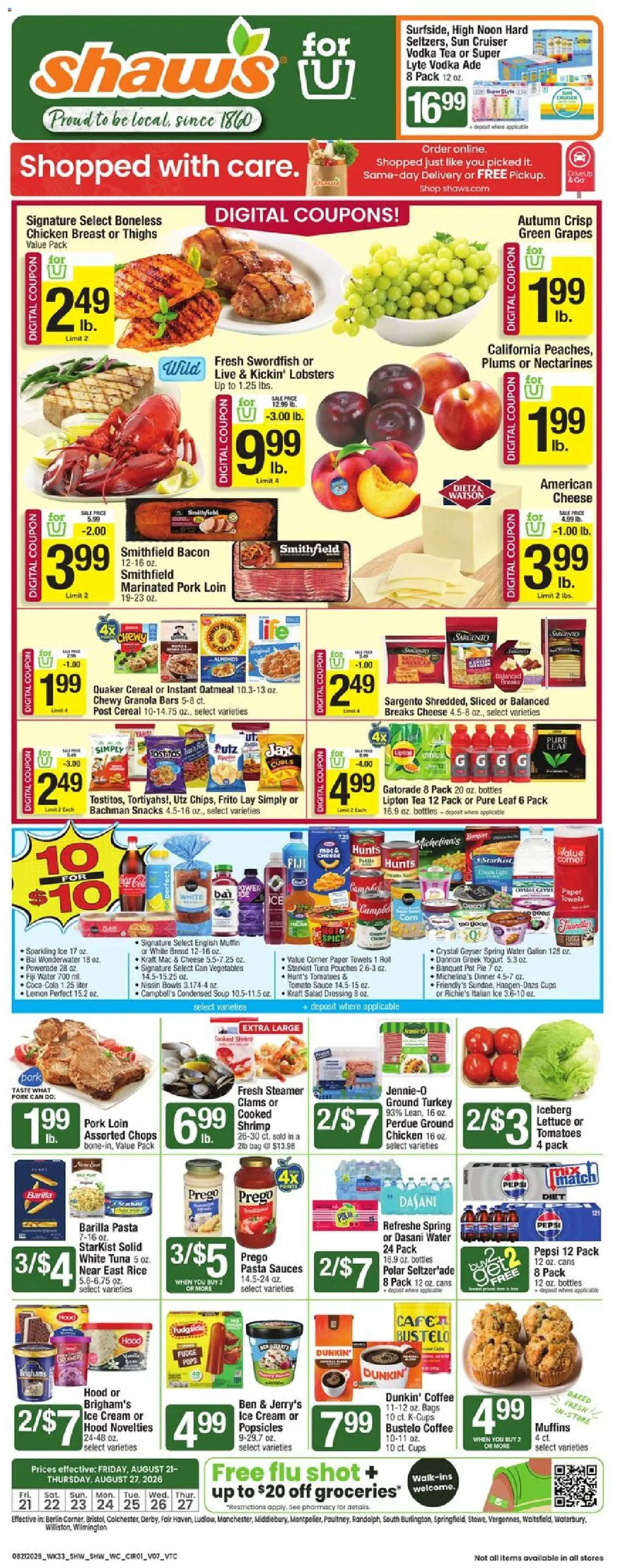 Shaw's Weekly Ad - VT - valid from 08/21/2026 | Page: 1 | Products: Pork, Pasta, Ice cream, Oatmeal