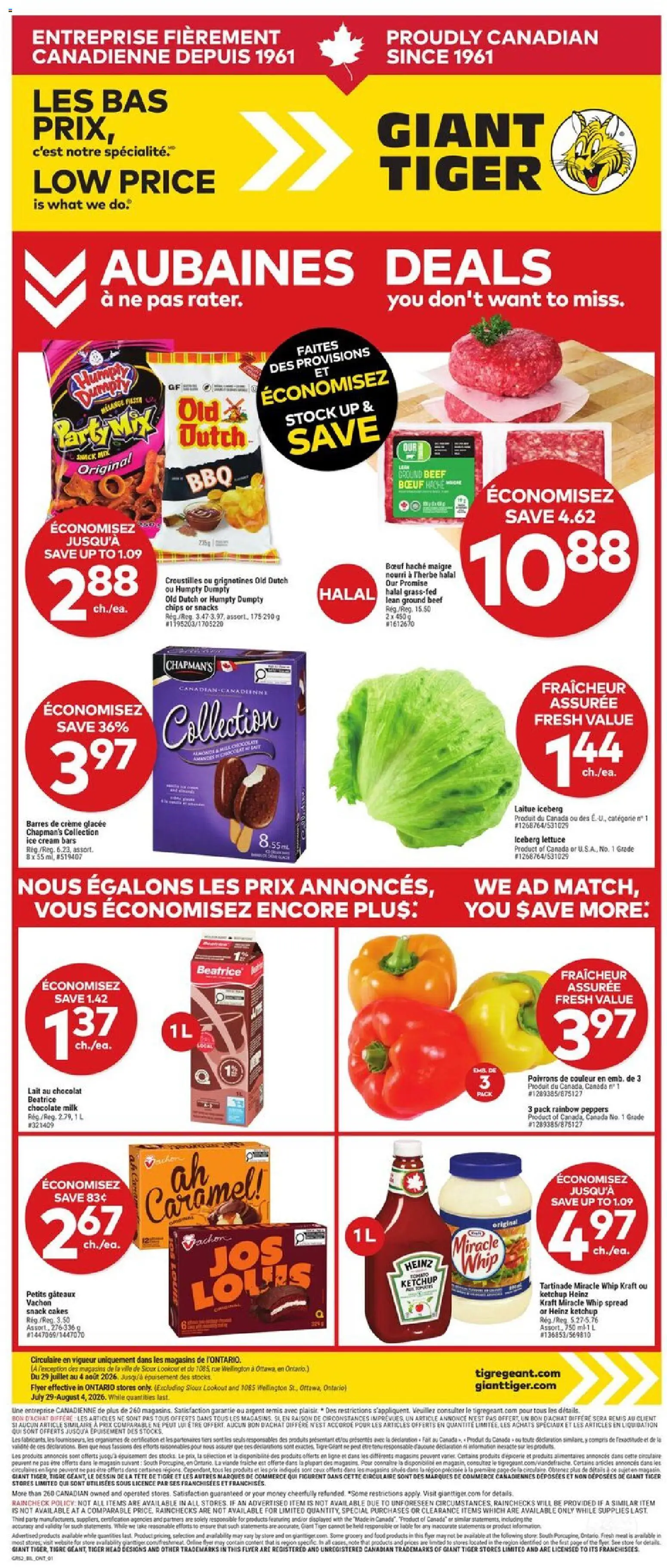 Giant Tiger flyer valid from Jul 29, 2026 | Page: 1 | Products: Chips, Ketchup, Ice cream, Chocolate