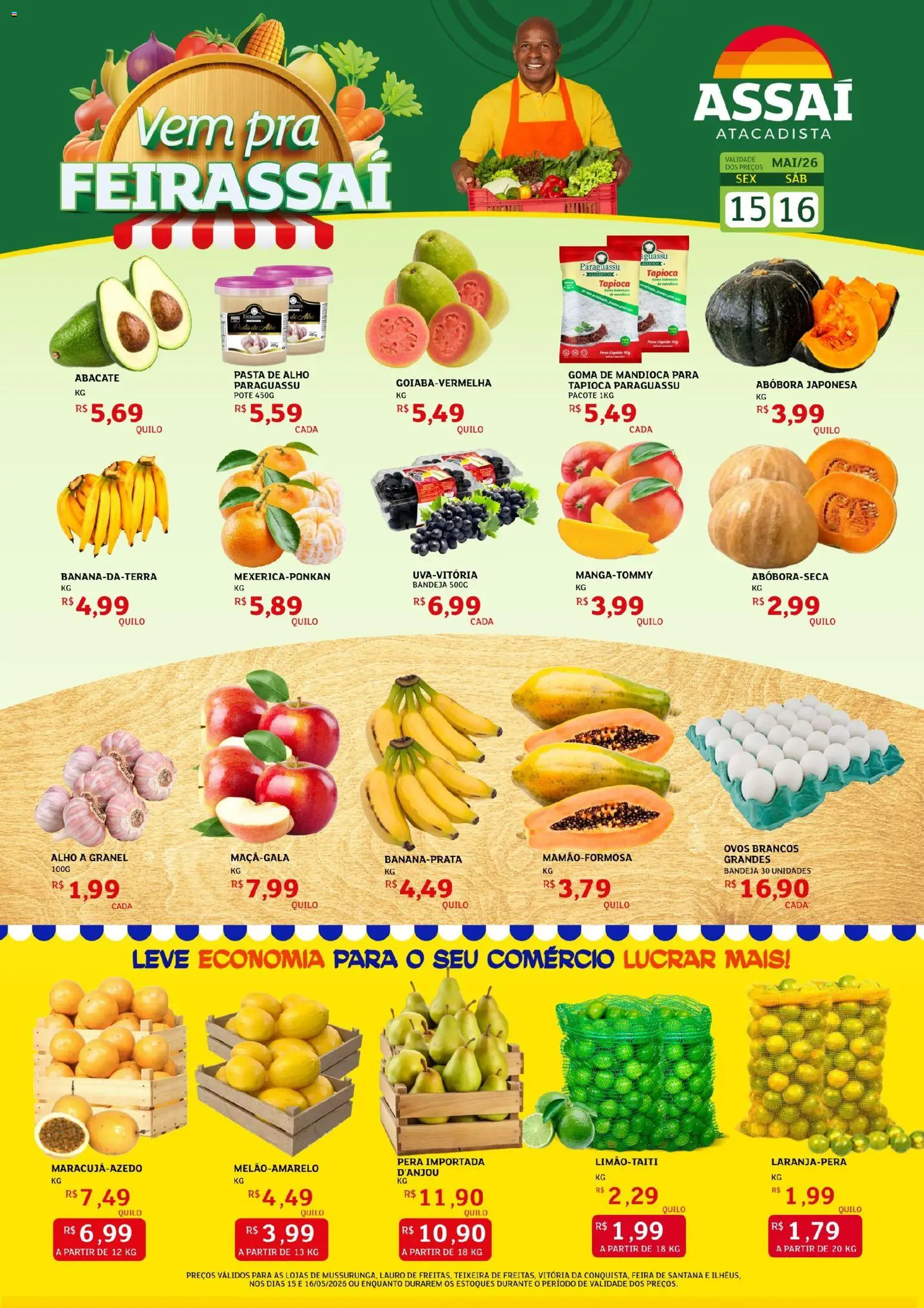 Assaí Atacadista Folheto - válido de 15.05.2026 | Página: 1 | Produtos: Pera, Mandioca, Ovos, Bandeja