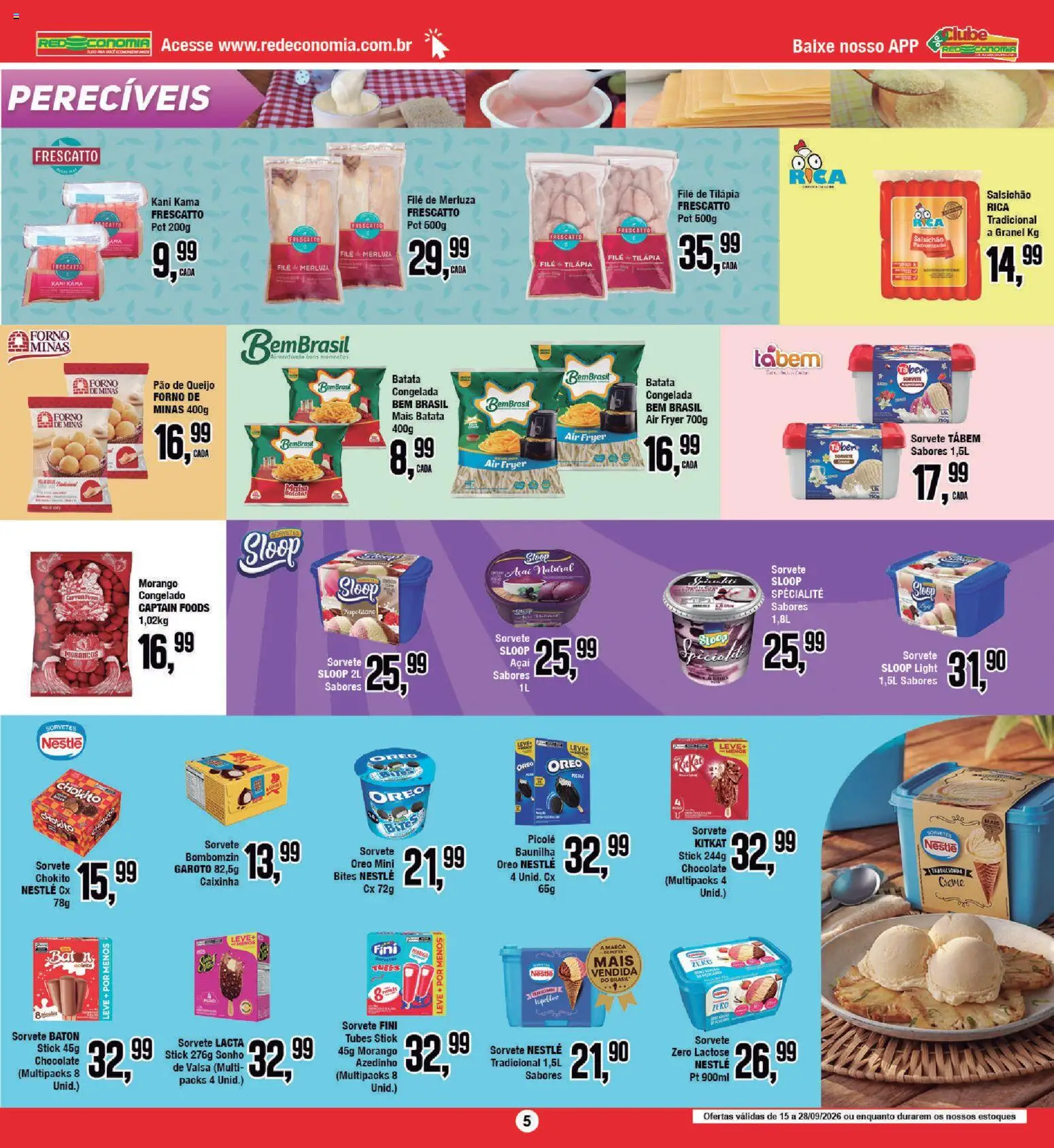 RedEconomia Folheto - válido de 28/09/2026 | Página: 5 | Produtos: Sonho, Salsicha, Sorvete, Açaí