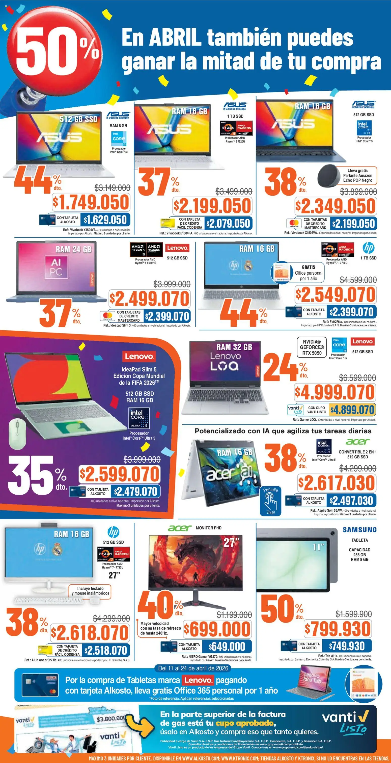 Alkosto revista - valida desde el 11.04.2026 | Página: 8 | Productos: Monitor, Teclado, Mouse, Parlante