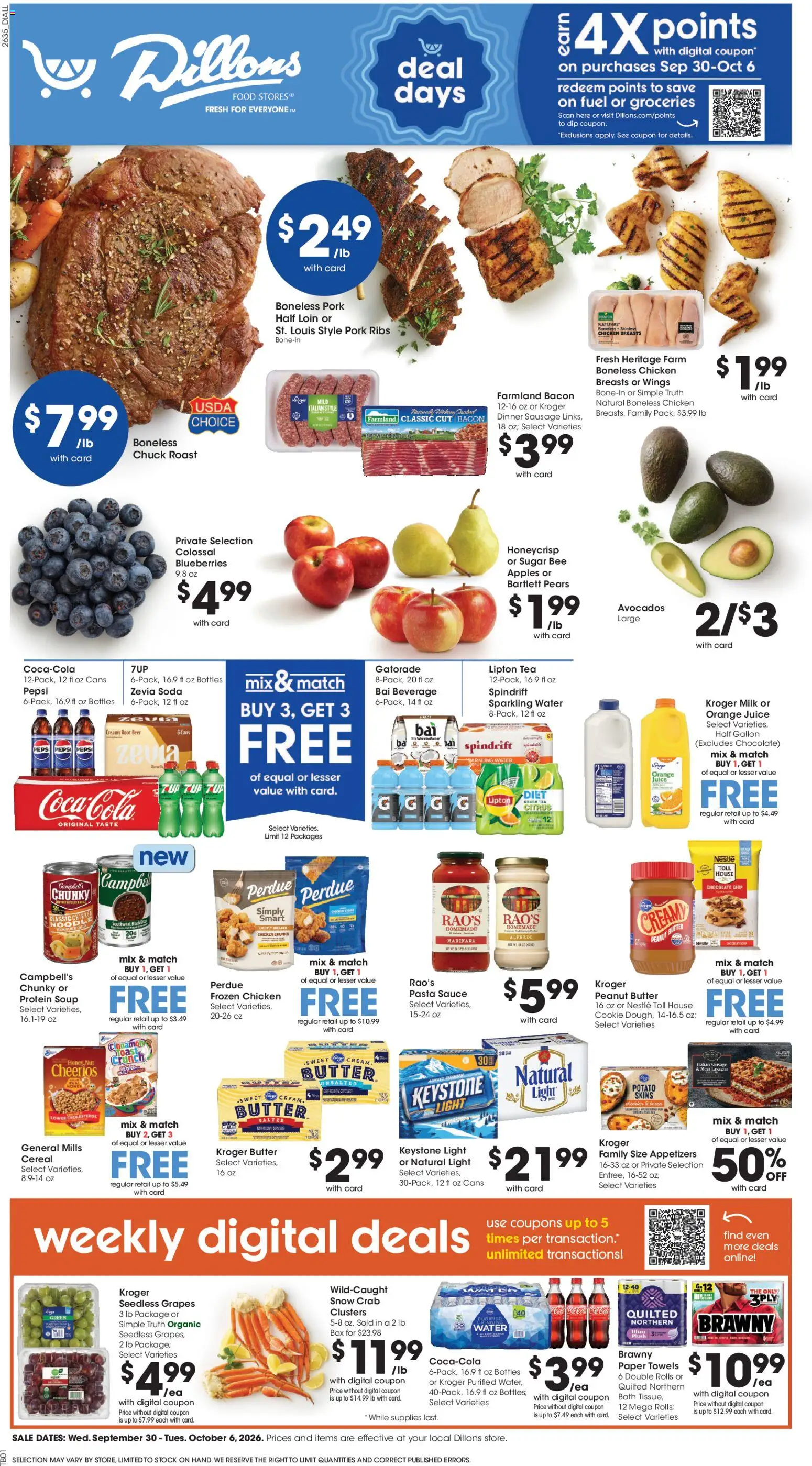 Dillons Weekly Ad - valid from 09/30/2026 | Page: 1 | Products: Groceries, Butter, Protein, Seedless grapes