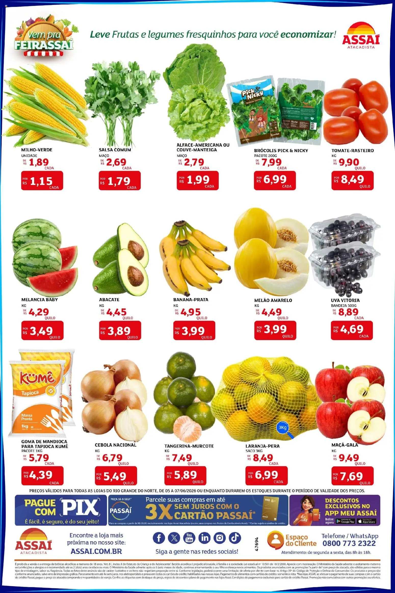 Assaí Atacadista Folheto - válido de 05.06.2026 | Página: 3 | Produtos: Mandioca, Pneus, Mel, Bandeja