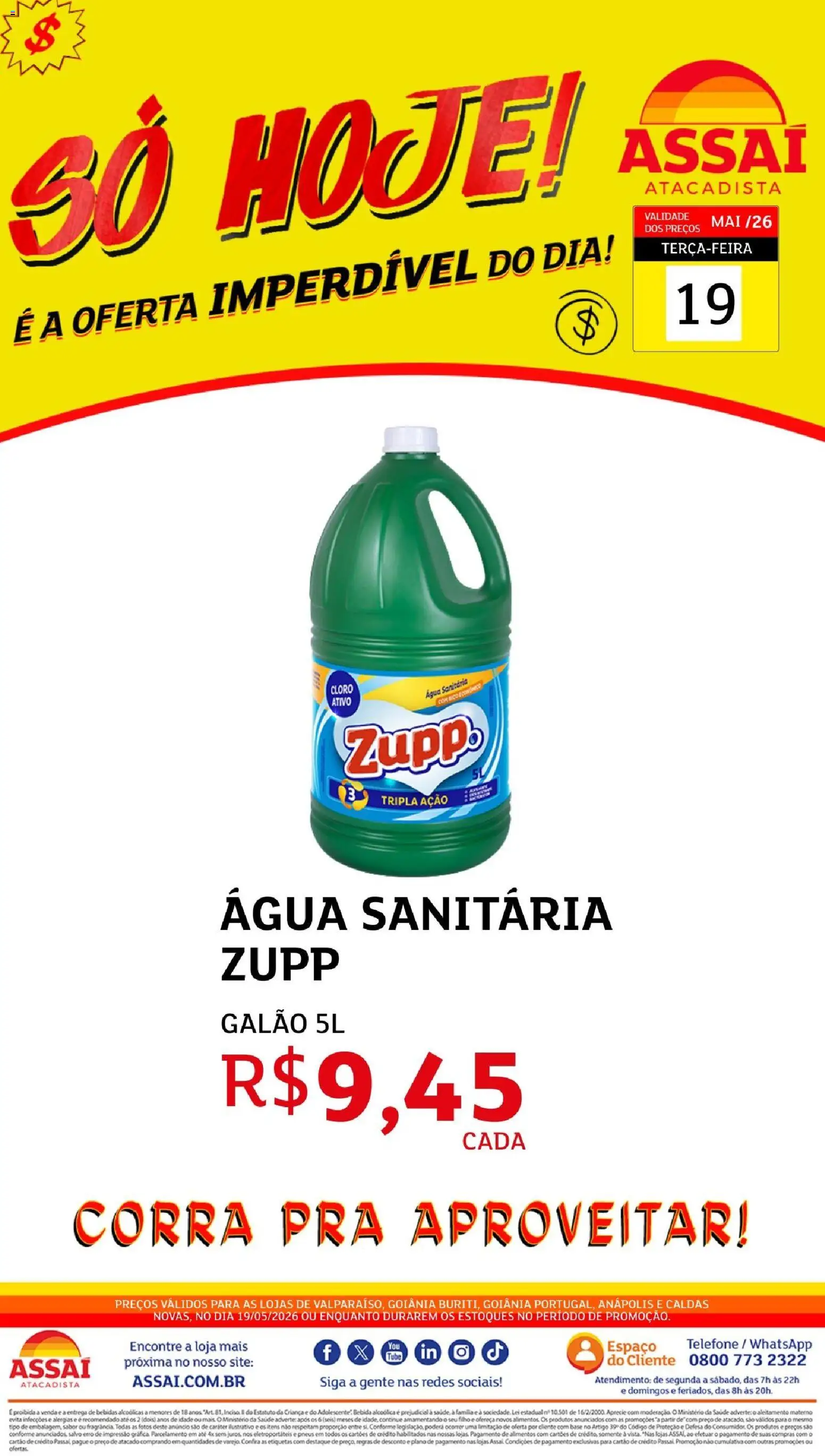 Assaí Atacadista Folheto - válido de 19.05.2026 | Página: 1 | Produtos: Cloro, Pneus, Base, Telefone