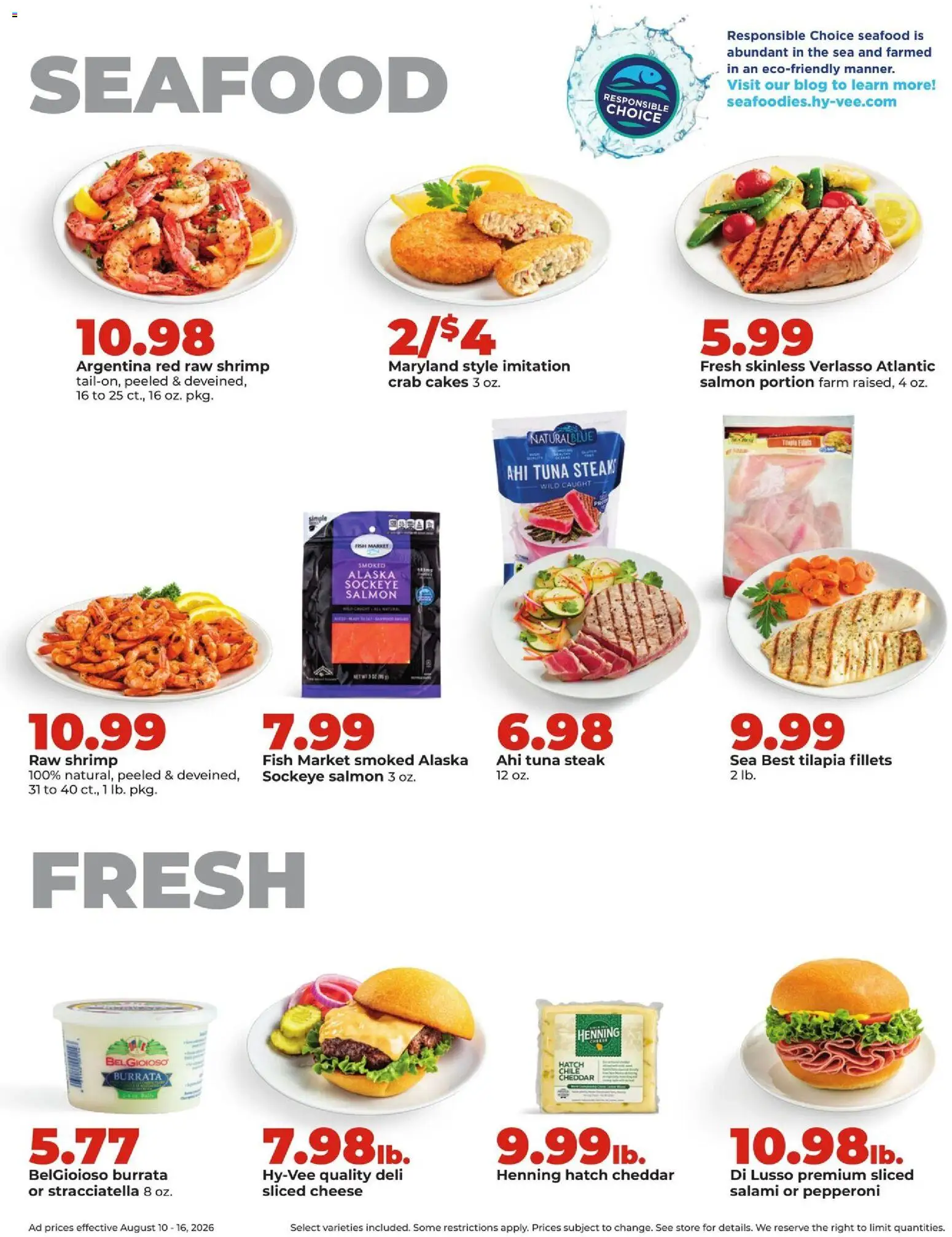 HyVee Weekly Ad - valid from 08/10/2026 | Page: 14 | Products: Sliced cheese, Cheese, Burrata, Seafood