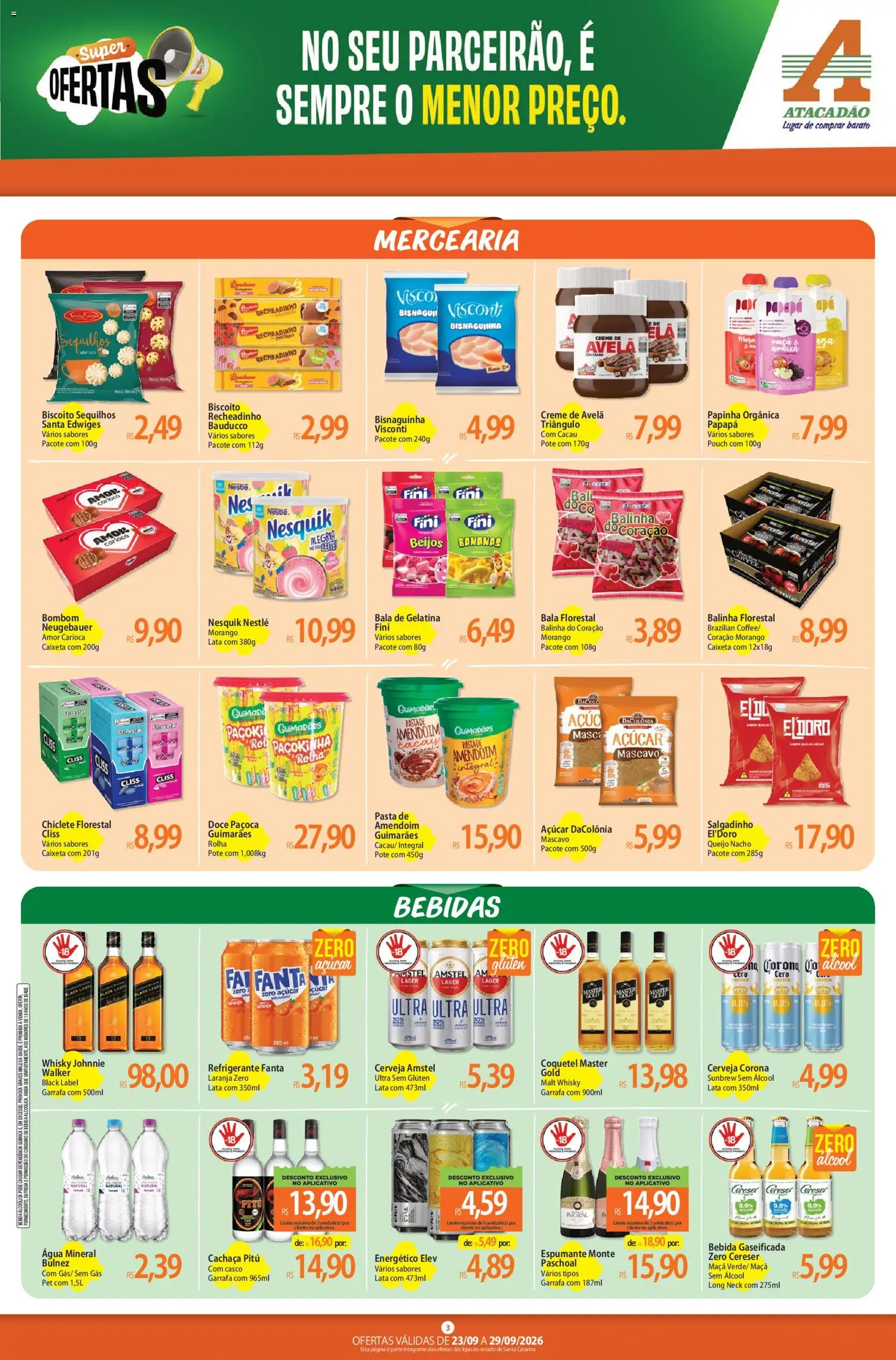 Atacadão Folheto - válido de 23/09/2026 | Página: 3 | Produtos: Bananas, Bebida, Papinha, Água mineral