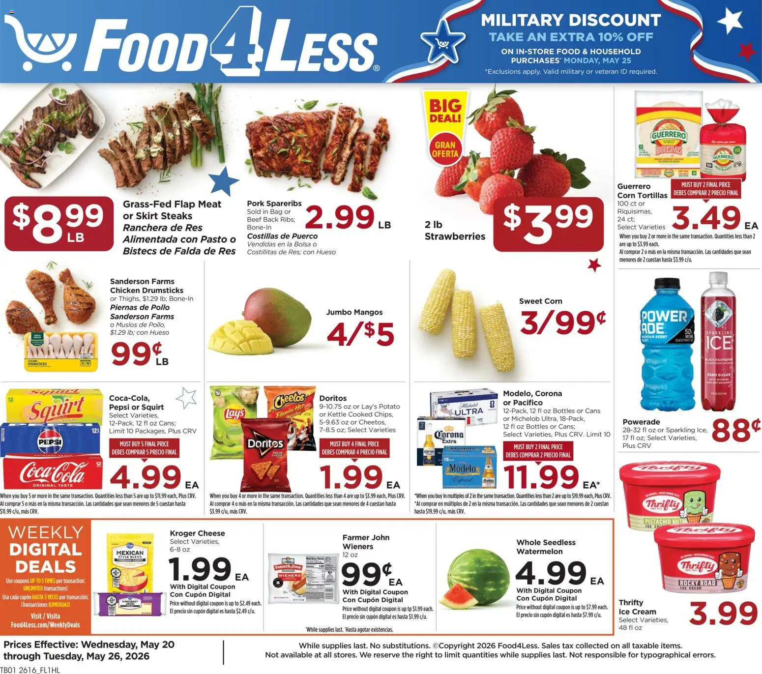 Food 4 Less Weekly Ad - valid from 20.05.2026 | Page: 1 | Products: Cheese, Ice cream, Raspberry, Kettle