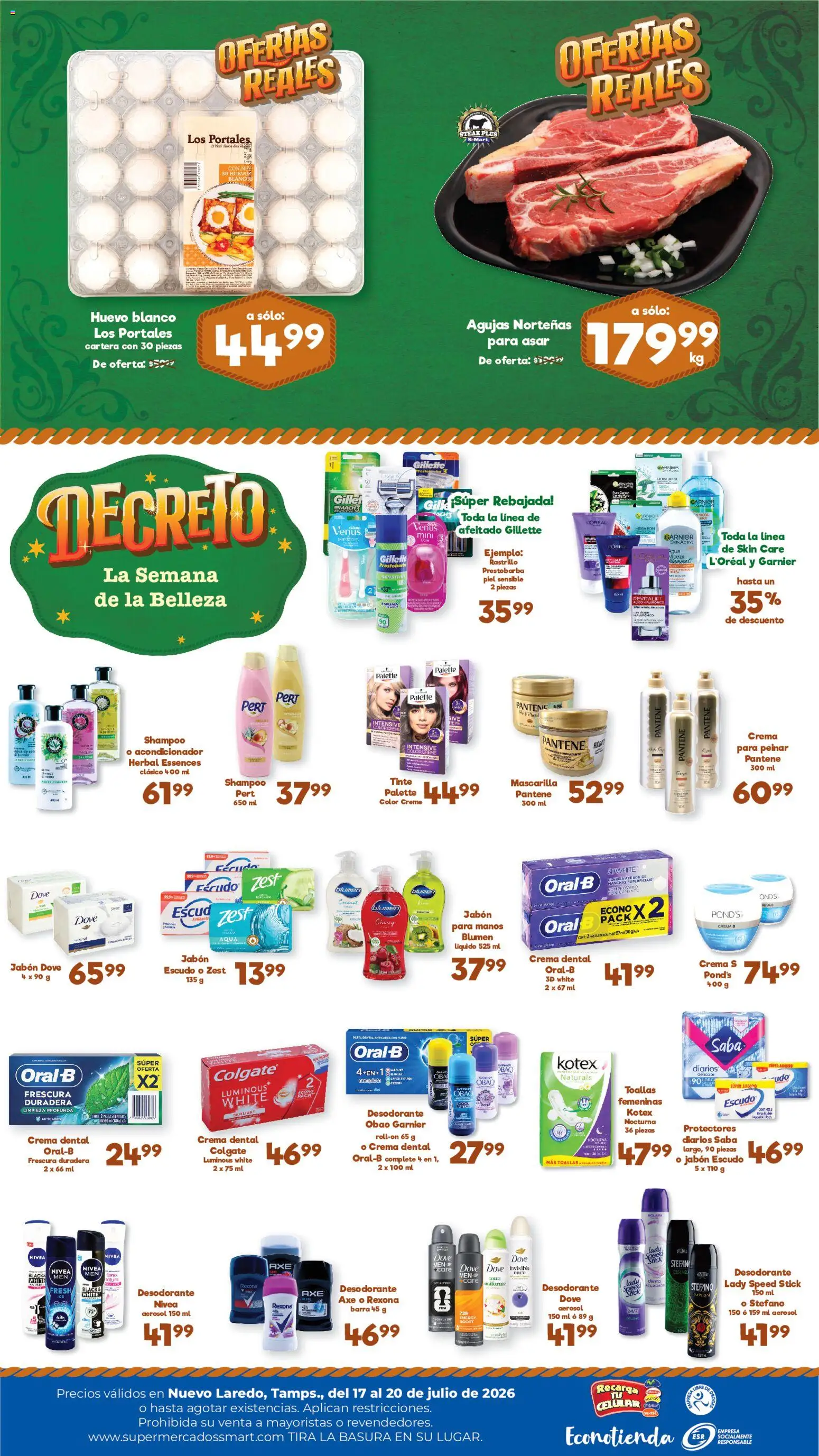 Nuevas ofertas de S-Mart válidas en toda la República Mexicana desde el 17/07/2026. ¡Encuentra las mejores ofertas en S-Mart folleto Ofertas de feria Nuevo Laredo! | Página: 2 | Productos: Desodorante, Rastrillo, Huevos, Espuma