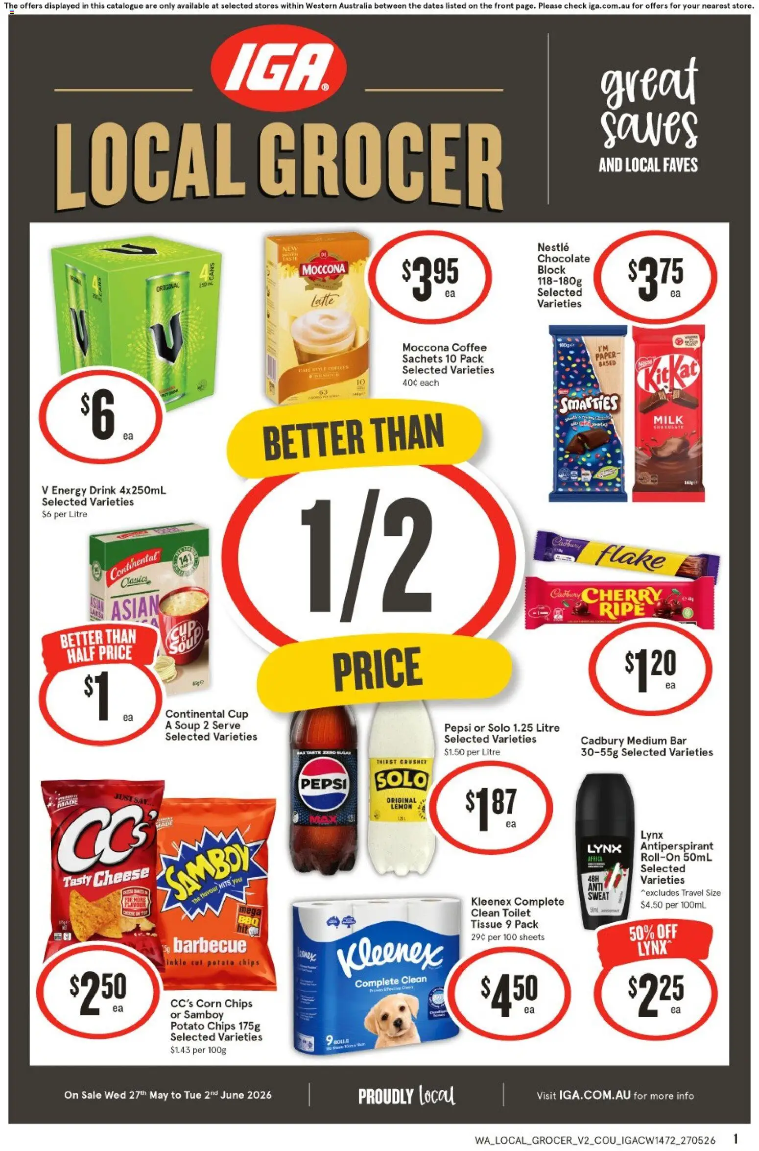IGA catalogue - valid from 27.05.2026 | Page: 1 | Products: Toilet, Energy drink, Antiperspirant, Lemon