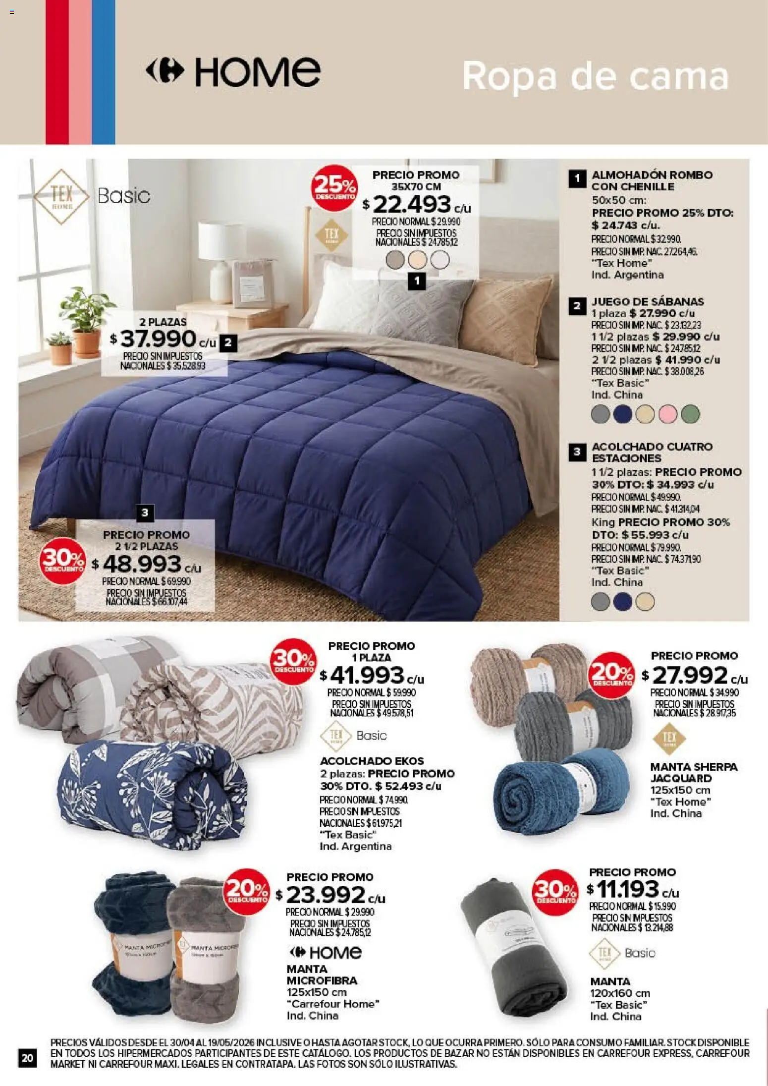 Carrefour - Deco Hogar  │ válido desde el 30.04.2026 | Página: 20 | Productos: Almohadon, Acolchado, Cama, Ropa