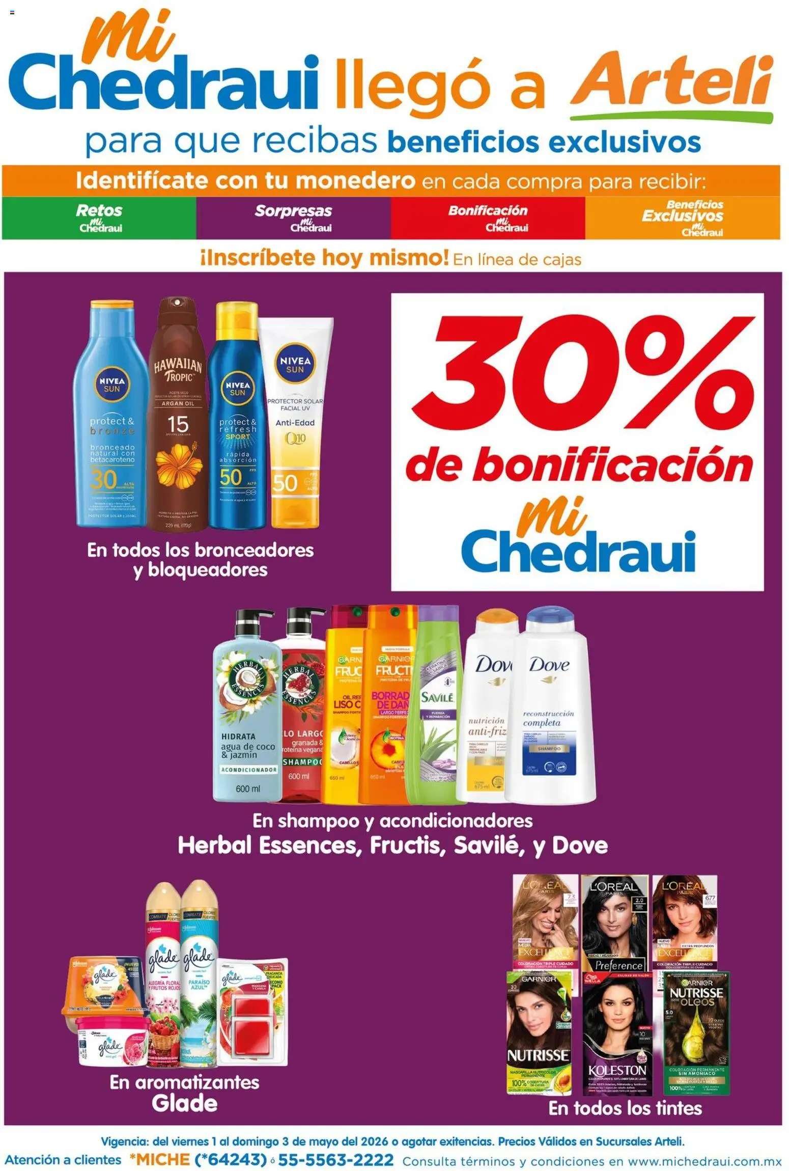 Nuevas ofertas de Arteli válidas en toda la República Mexicana desde el 01.05.2026. ¡Encuentra las mejores ofertas en Arteli folleto Mi Chedraui bonificación! | Página: 1 | Productos: Monedero, Agua, Fragancia, Acondicionador