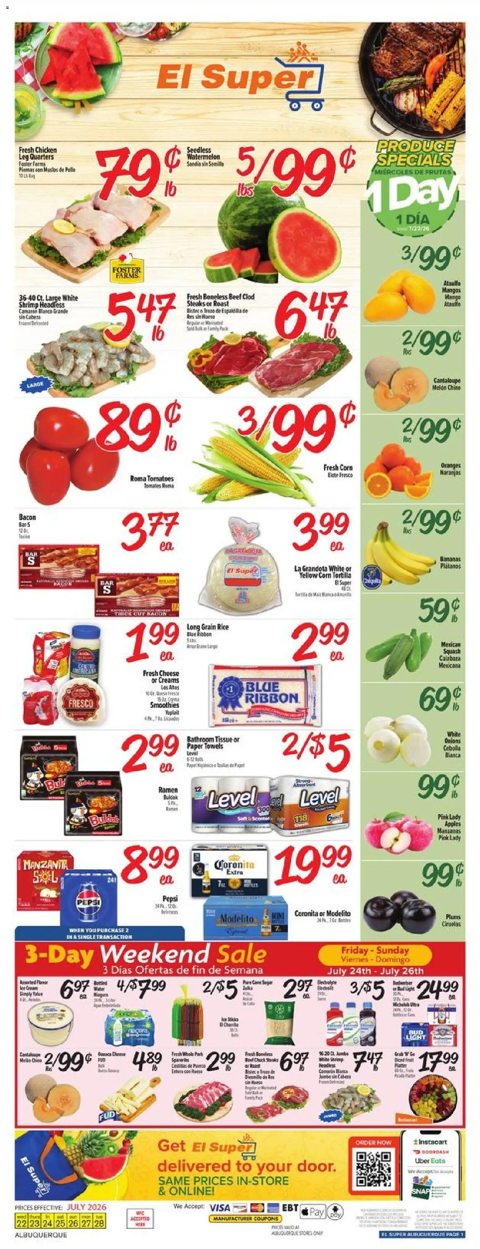 El Super Weekly Ad - NM - valid from 07/22/2026 | Page: 1 | Products: Apples, Tomatoes, Bananas, Rice