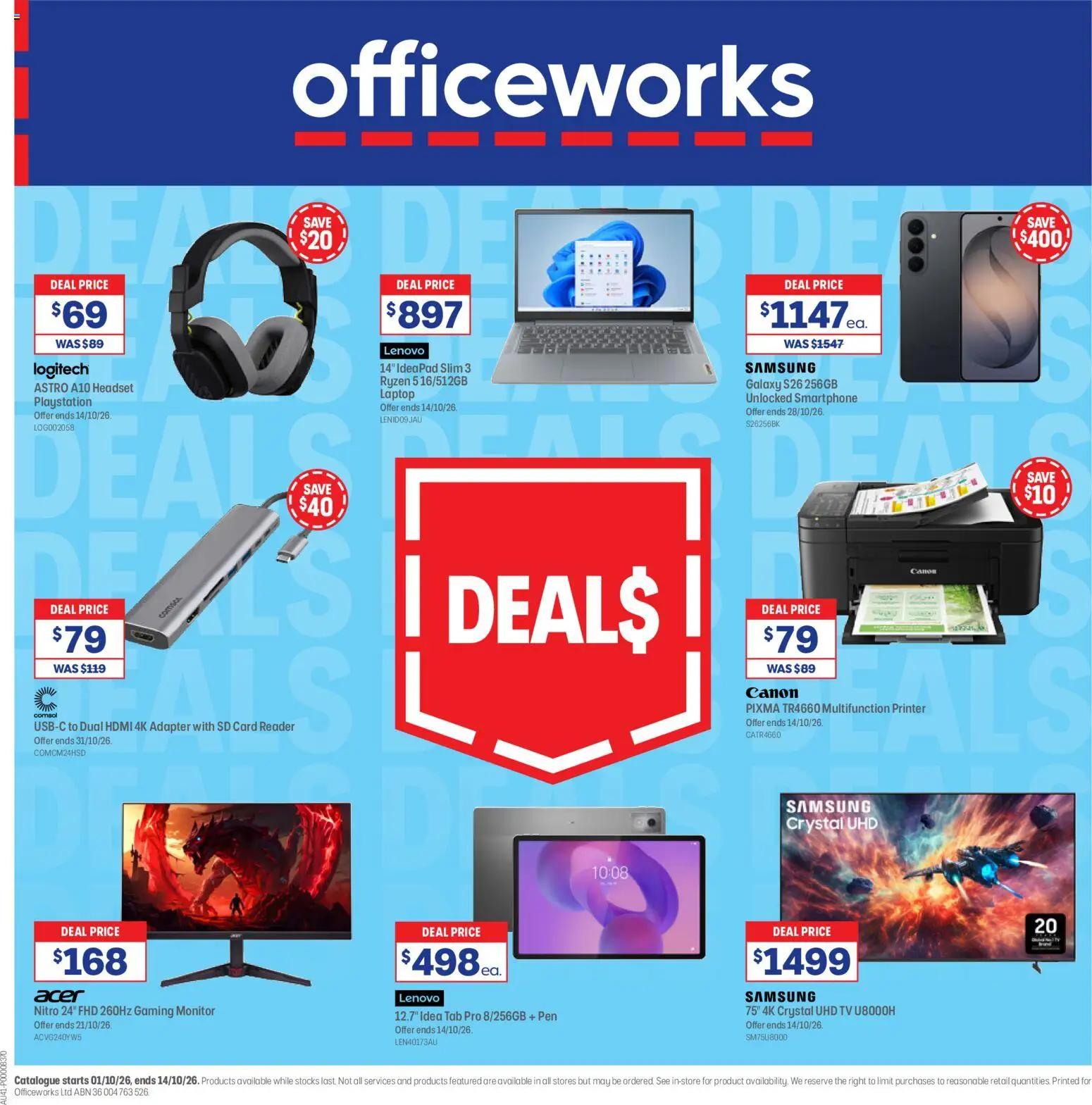 Officeworks catalogue - valid from 01/10/2026 | Page: 1 | Products: Monitor, Tv, Playstation, Adapter