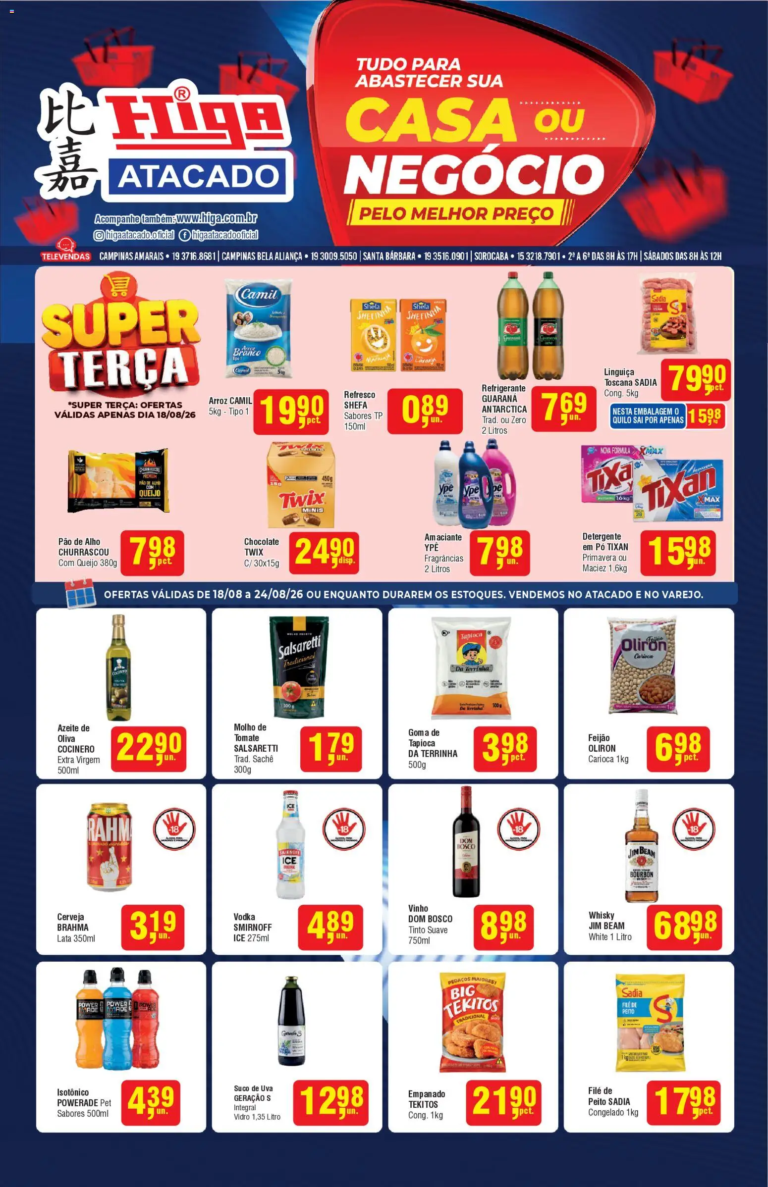 Higa Atacado Folheto - válido de 18/08/2026 | Página: 1 | Produtos: Alho, Twix, Detergente, Vinho