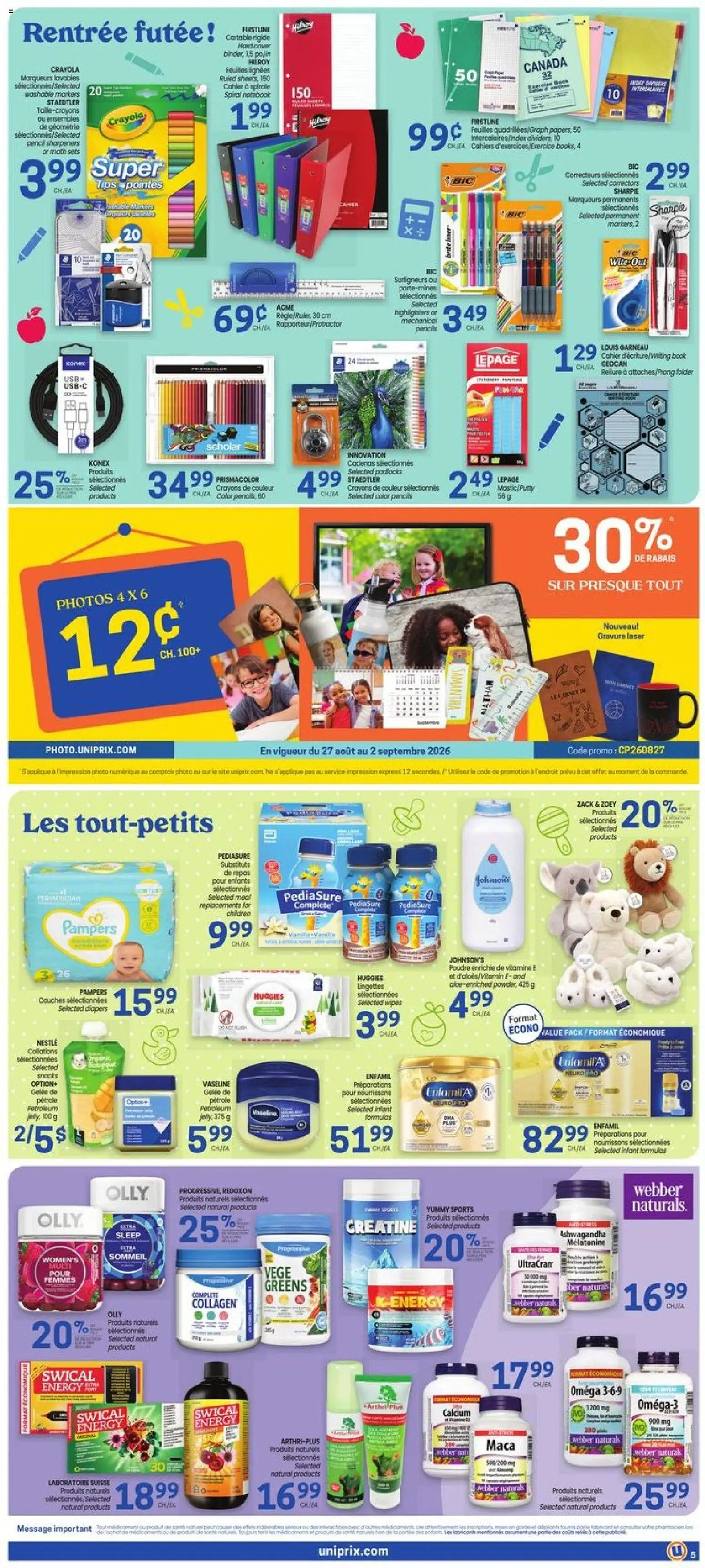 Uniprix flyer valid from Aug 27, 2026 | Page: 7 | Products: Notebook, Ashwagandha, Diapers, Omega