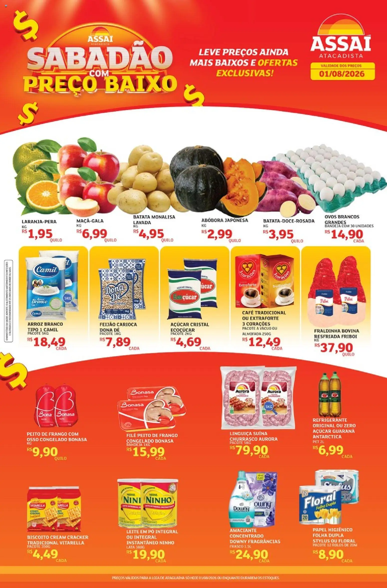 Assaí Atacadista Folheto - válido de 01/08/2026 | Página: 1 | Produtos: Abóbora, Linguiça, Bandeja, Amaciante