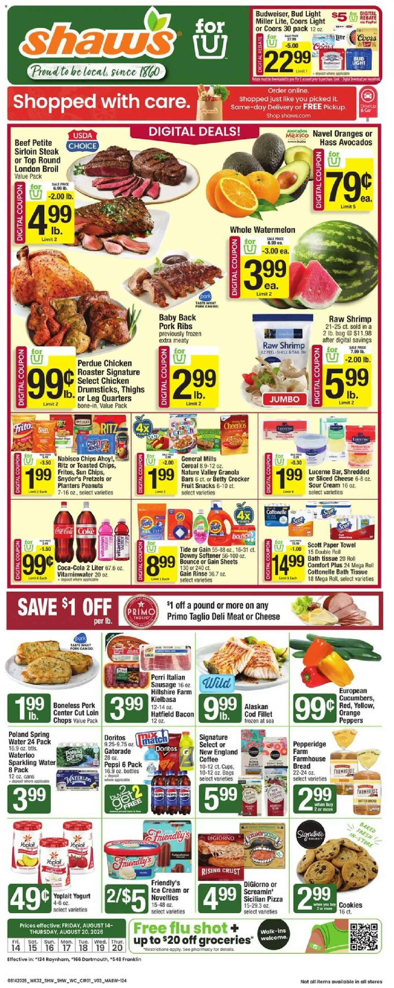 Shaw's Weekly Ad - MA - valid from 08/14/2026 | Page: 1 | Products: Pizza, Oranges, Beef, Watermelon