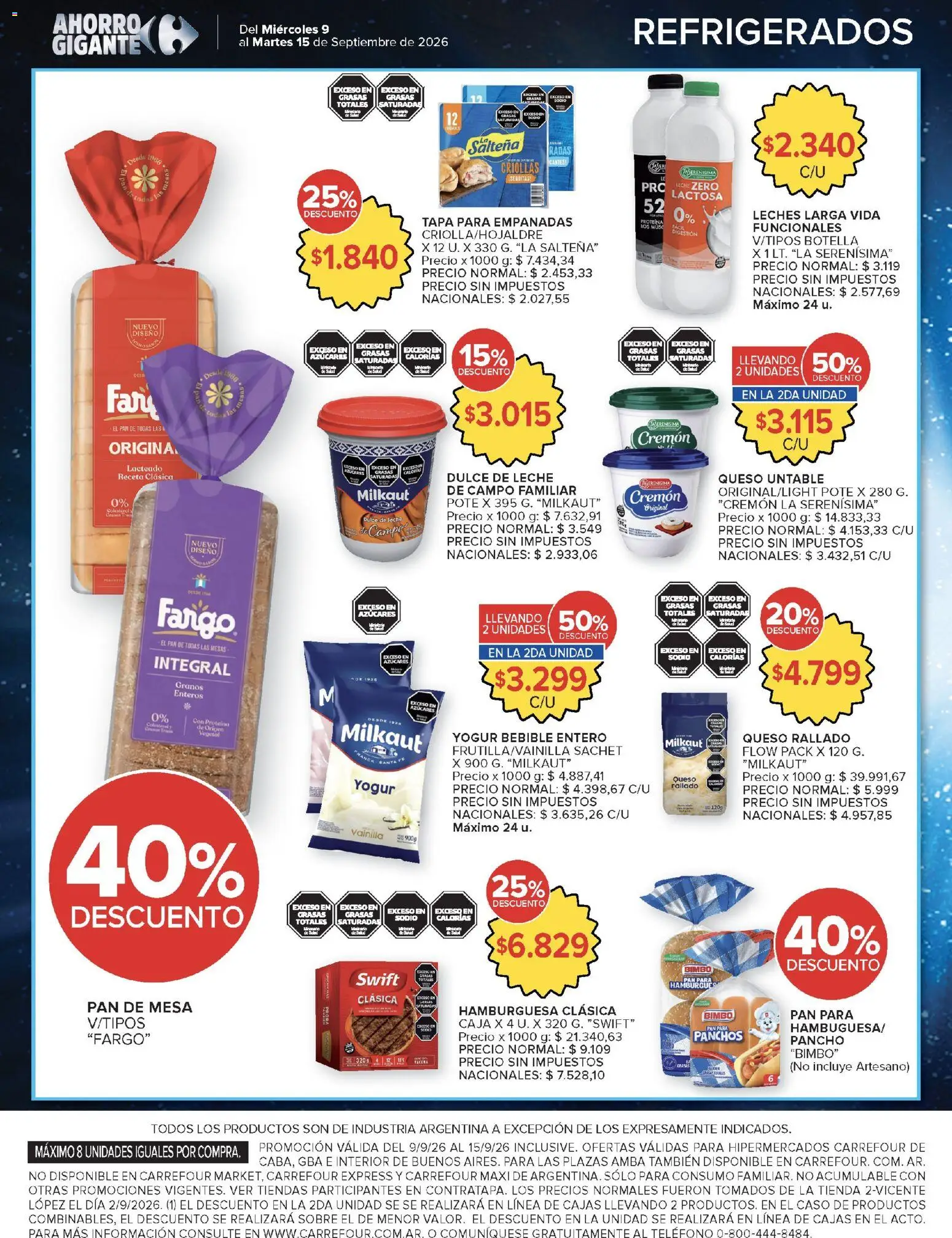 Carrefour - Carrefour Hiper │ válido desde el 09/09/2026 | Página: 8 | Productos: Botella, Dulce, Leche, Salchichas