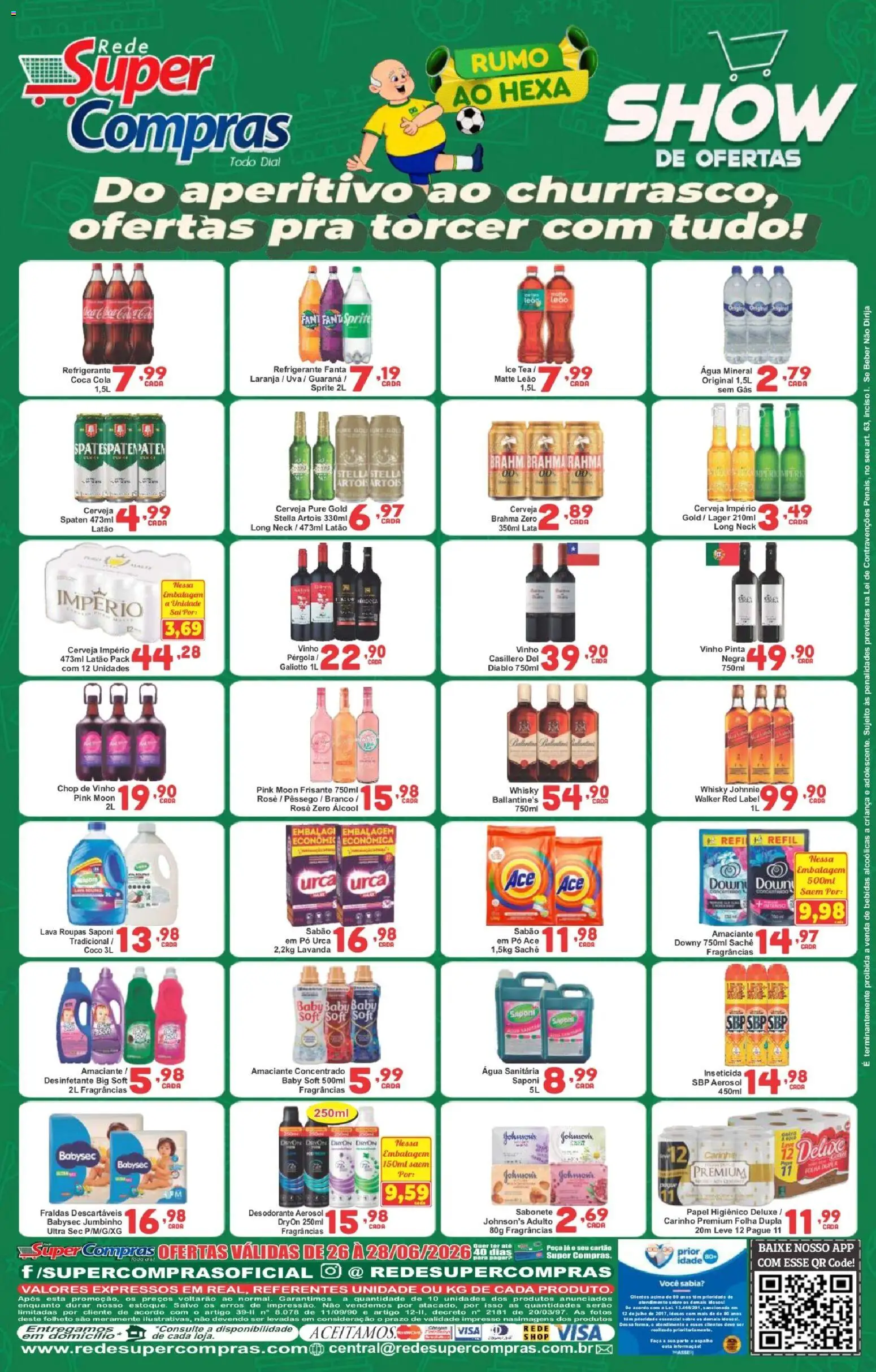 Rede Super Compras Folheto - válido de 26/06/2026 | Página: 2 | Produtos: Pêssego, Pó, Fanta, Refrigerante