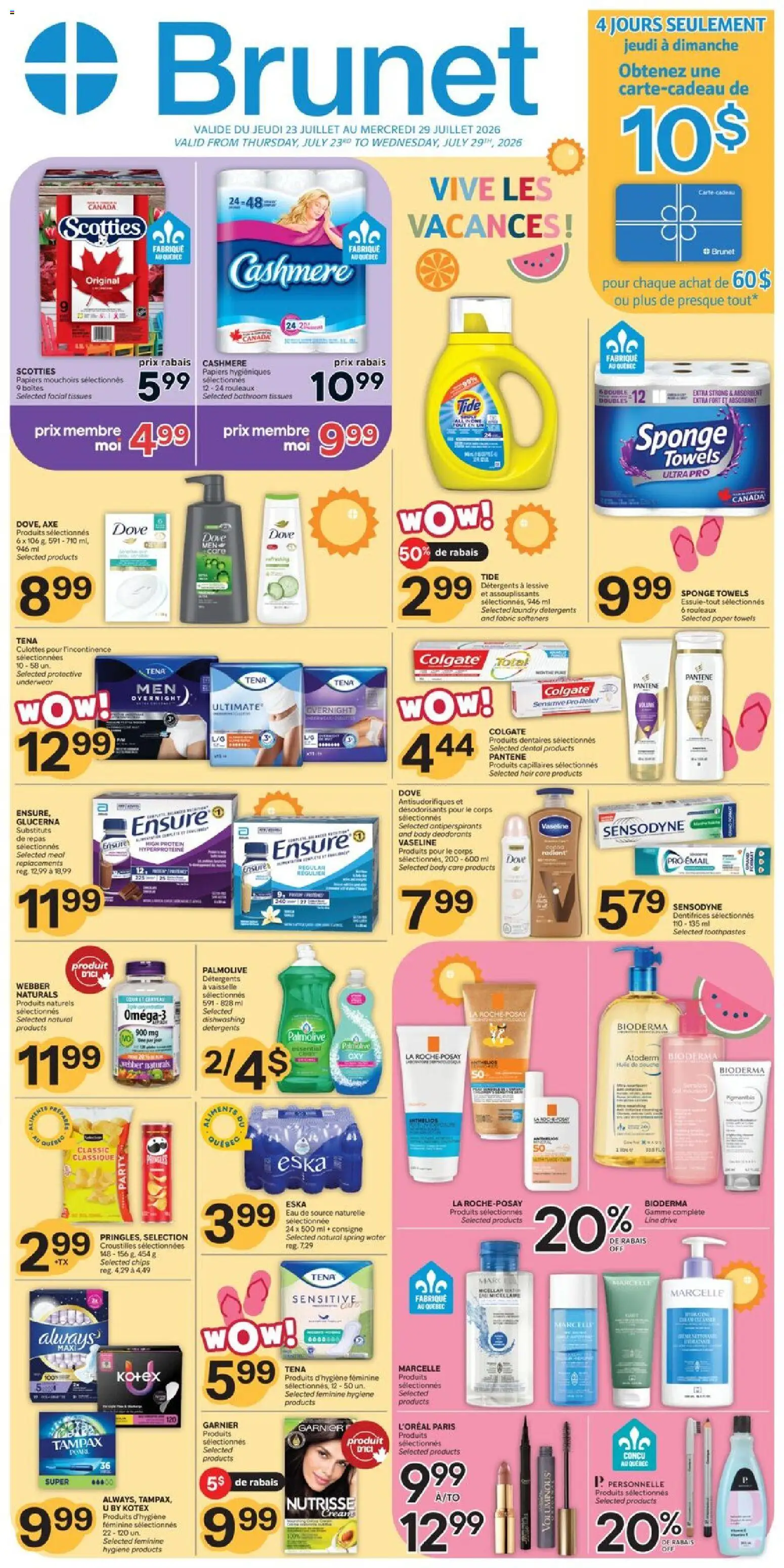 Brunet flyer valid from Jul 23, 2026 | Page: 1 | Products: Water, Paper towels, Towels, Spring water