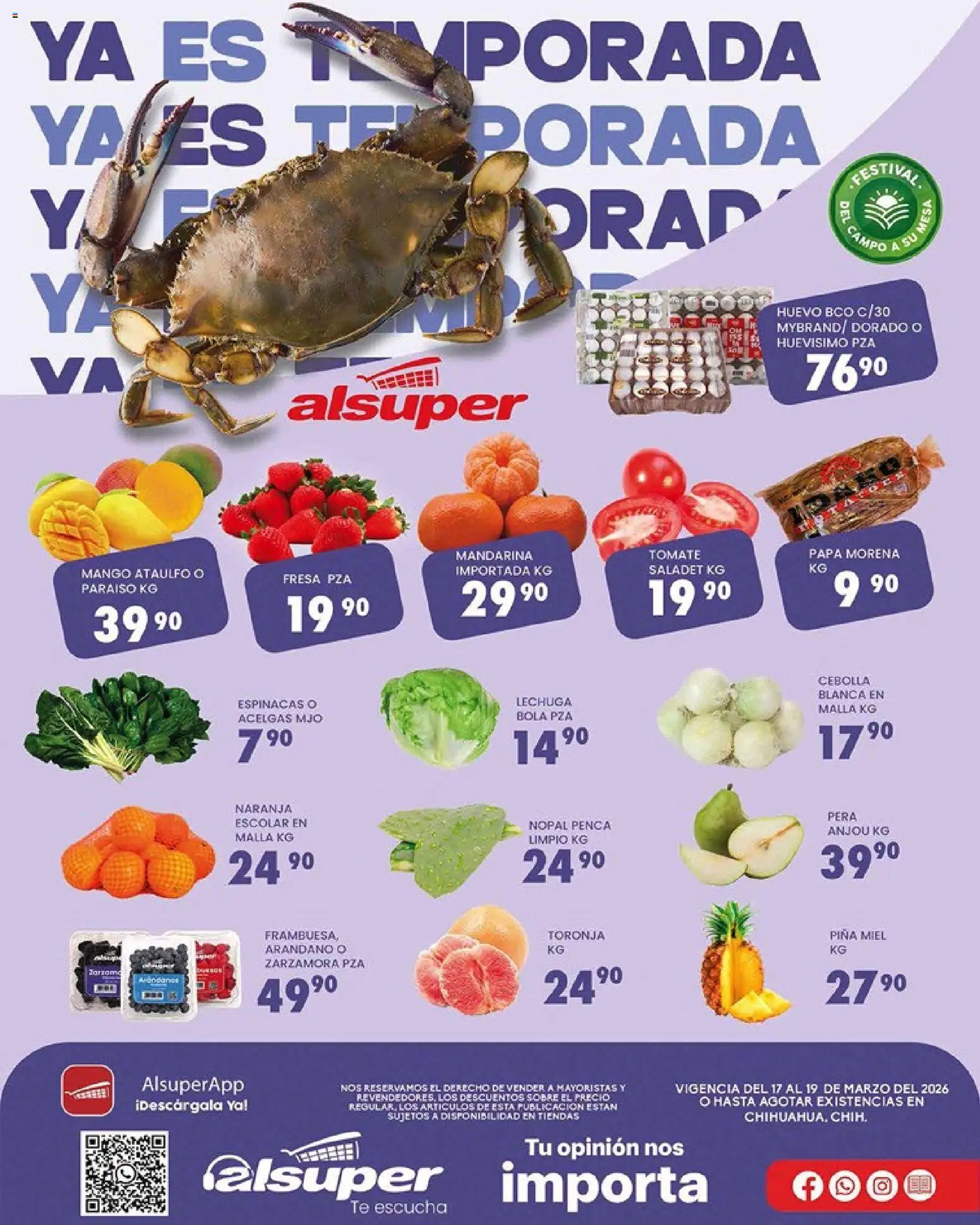 Nuevas ofertas de Alsuper válidas en toda la República Mexicana desde el 17/03/2026. ¡Encuentra las mejores ofertas en Alsuper folleto Chihuahua Capital! | Página: 1 | Productos: Papa, Tomate, Huevo, Toronja
