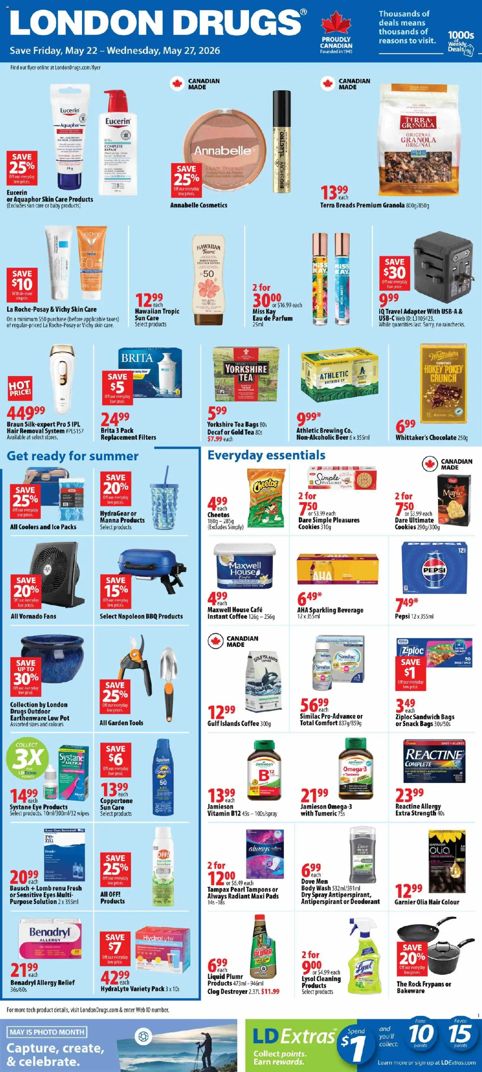 London Drugs flyer valid from 22.05.2026 | Page: 1 | Products: Bronzer, Deodorant, Antiperspirant, Coffee