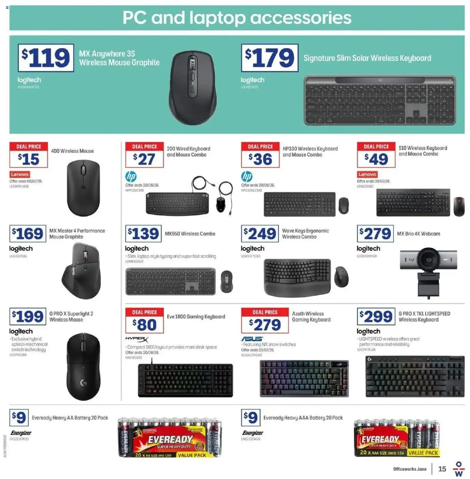 Officeworks catalogue - valid from 11.06.2026 | Page: 15 | Products: Desk, Battery, Pc, Mouse