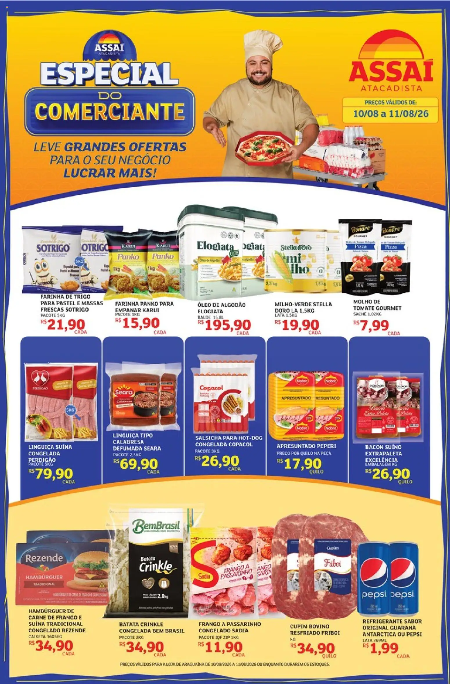 Assaí Atacadista Folheto - válido de 10/08/2026 | Página: 1 | Produtos: Farinha, Salsicha, Hambúrguer, Balde