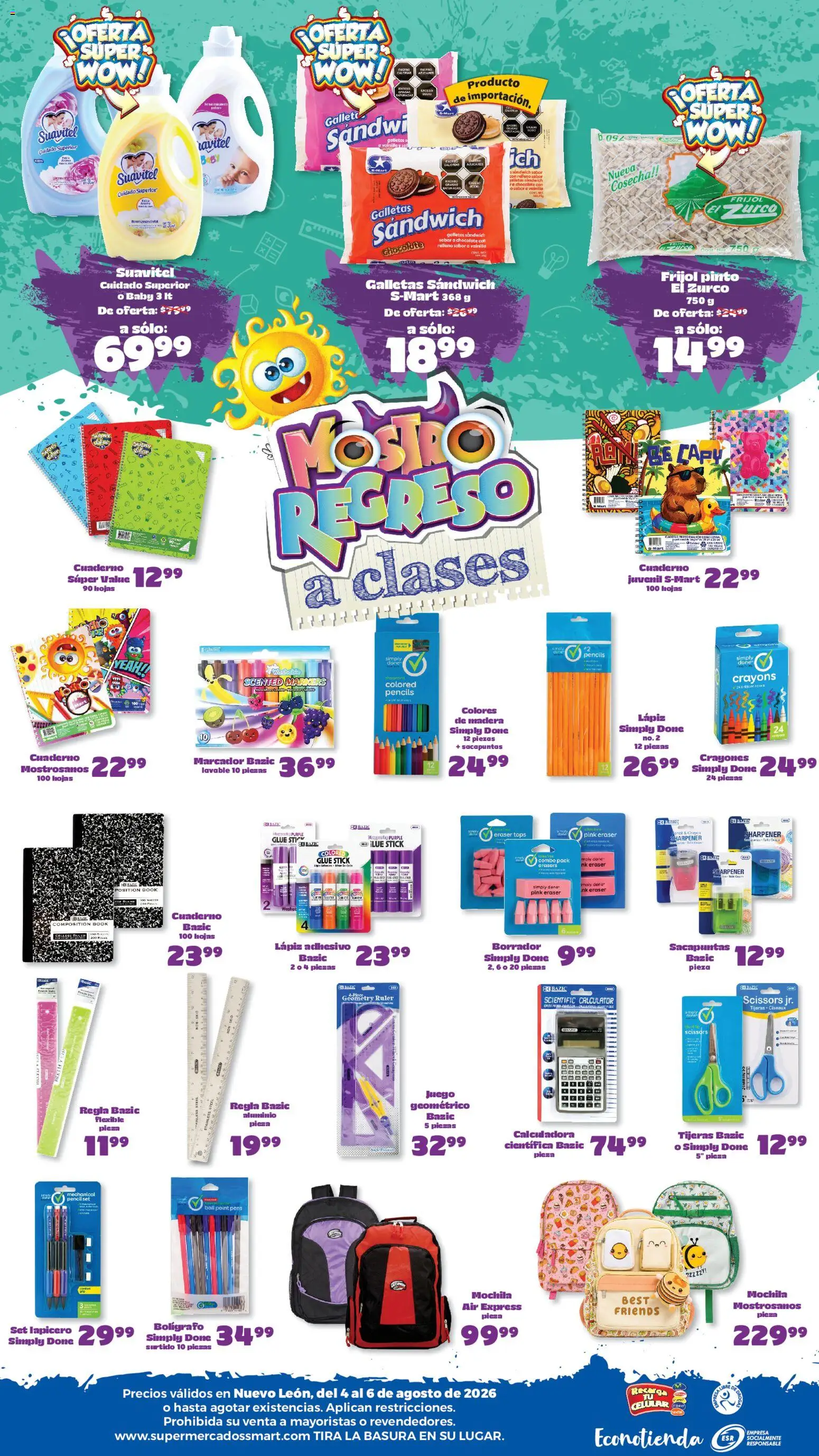 Nuevas ofertas de S-Mart válidas en toda la República Mexicana desde el 04/08/2026. ¡Encuentra las mejores ofertas en S-Mart folleto Ofertas de feria Monterrey! | Página: 2 | Productos: Mochila, Chocolate, Cuaderno, Galletas