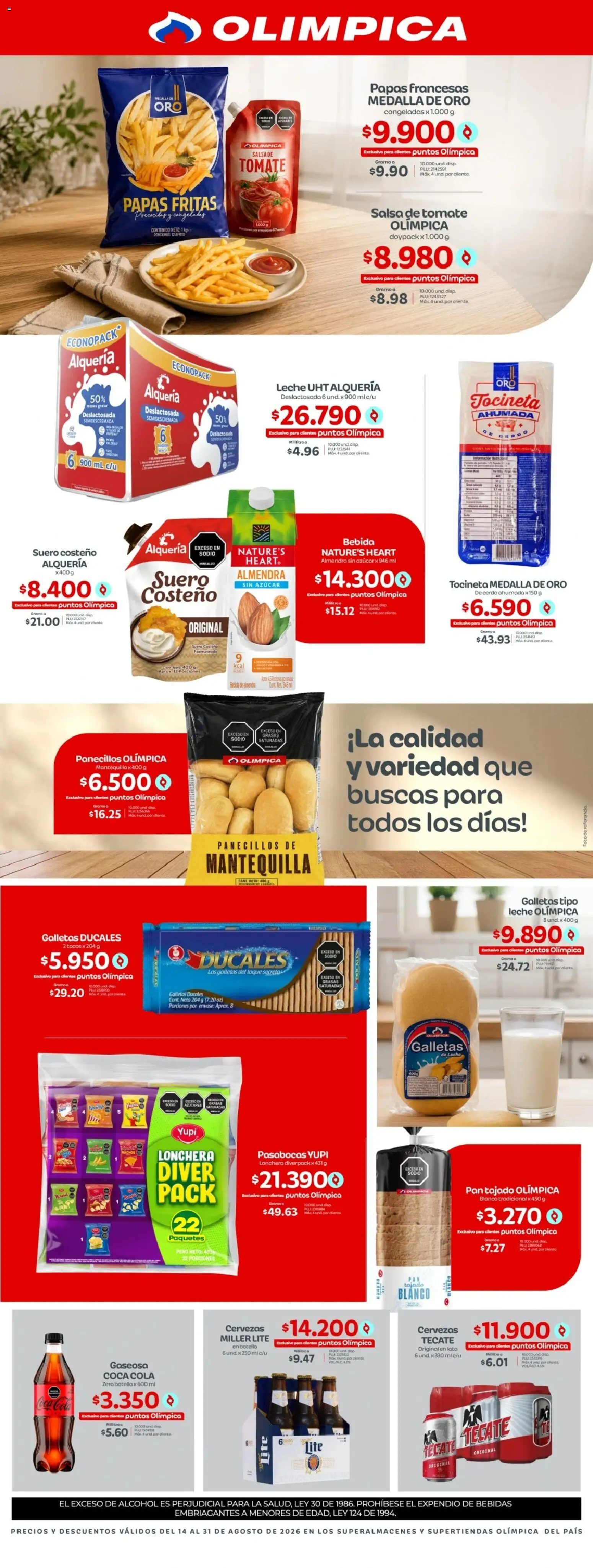 Olímpica revista - valida desde el 14/08/2026 | Página: 2 | Productos: Peso, Mantequilla, Papas, Alcohol