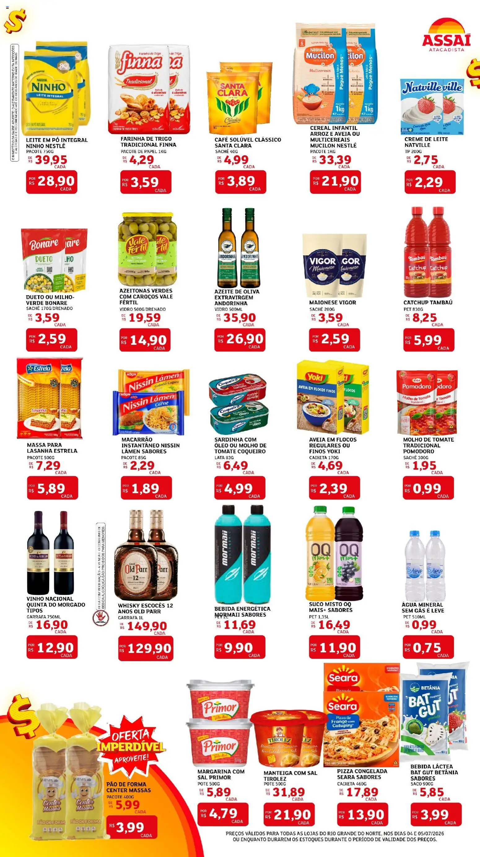 Assaí Atacadista Folheto - válido de 04/07/2026 | Página: 2 | Produtos: Azeitonas, Whisky, Água mineral, Margarina