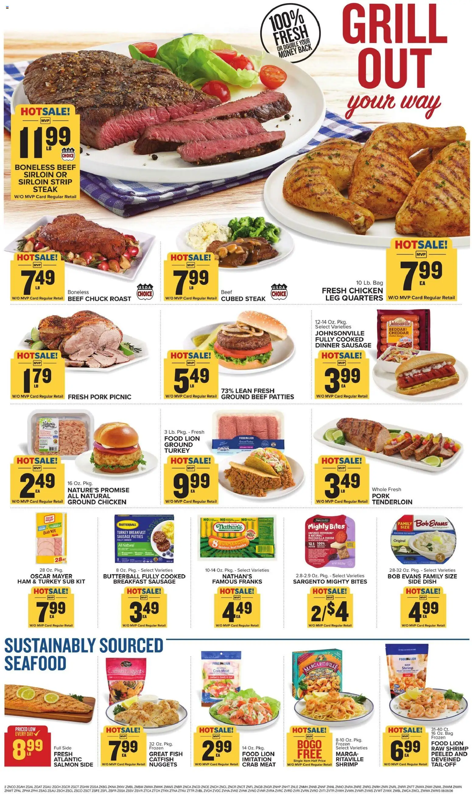 Food Lion Weekly Ad - valid from 08/26/2026 | Page: 3 | Products: Ground turkey, Pork, Seafood, Ground beef