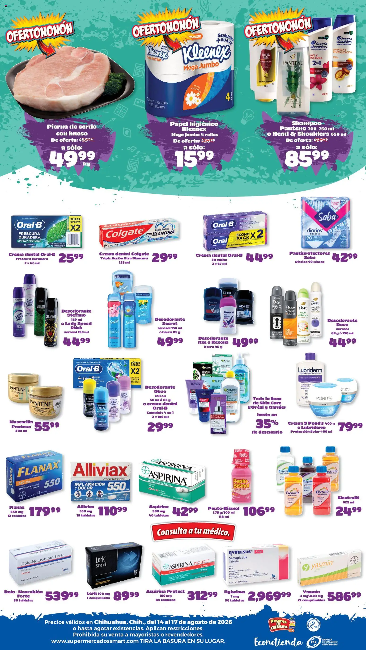 Nuevas ofertas de S-Mart válidas en toda la República Mexicana desde el 14/08/2026. ¡Encuentra las mejores ofertas en S-Mart folleto Ofertas de feria Chihuahua! | Página: 2 | Productos: Cerdo, Pierna de cerdo, Mascarilla, Tableta