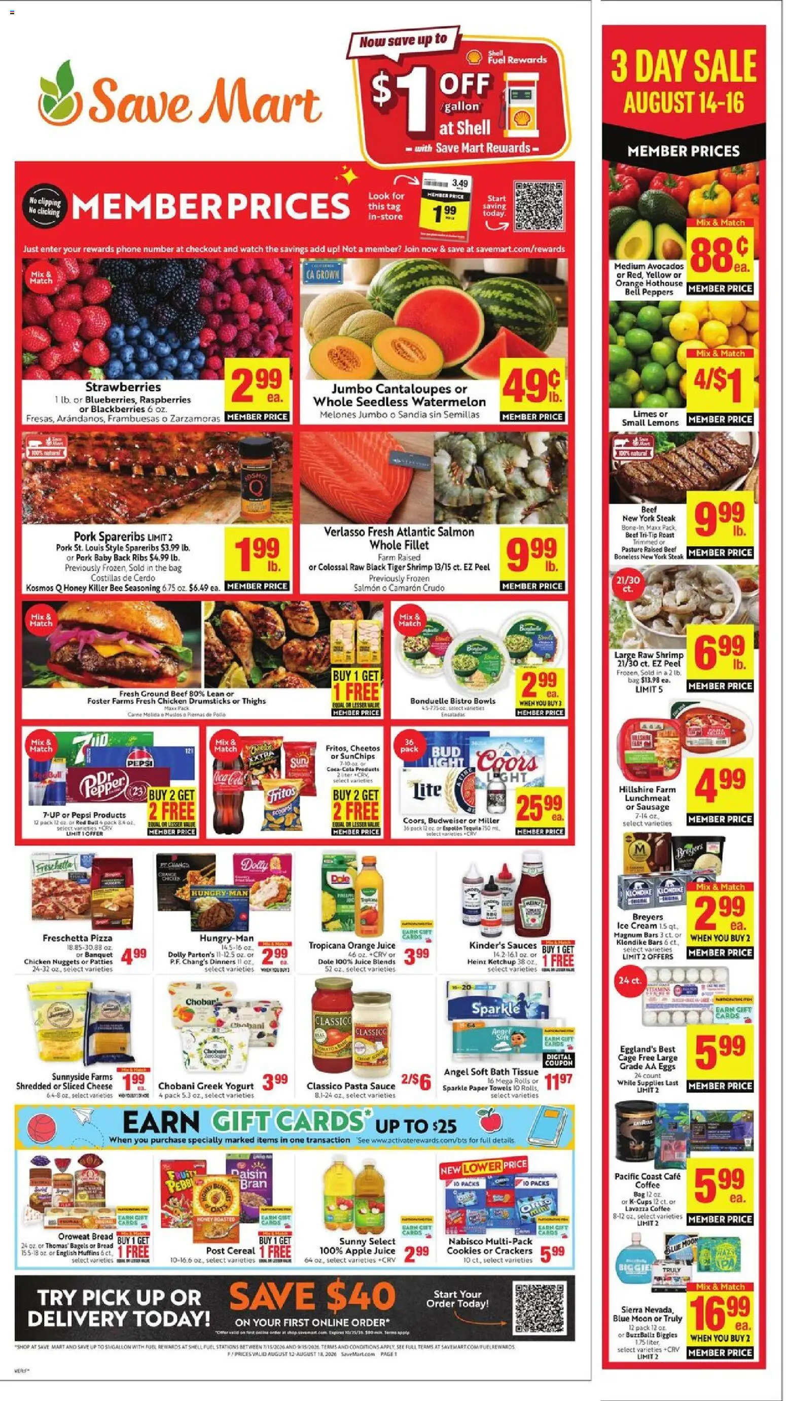 Save Mart Weekly Ad - valid from 08/12/2026 | Page: 1 | Products: Strawberries, Pepper, Watermelon, Ice